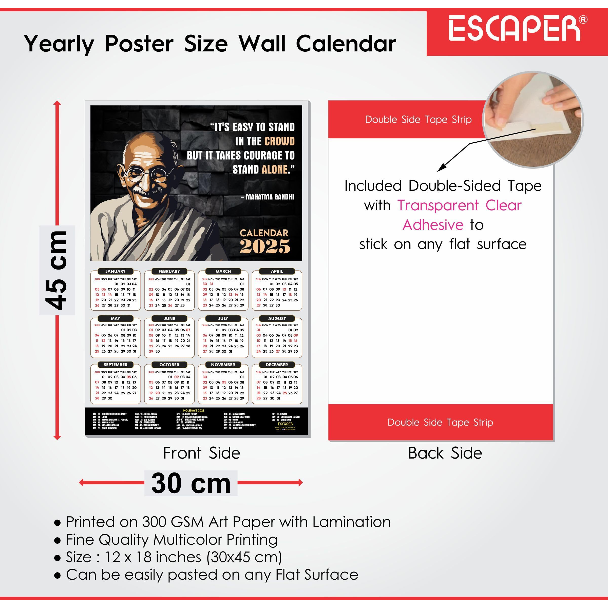 ESCAPER Motivational Wall Calendar 2025 & Inspirational Quotes (12 x 18, 300 GSM), Famous Quotes Wall Calendar 2025, Wall Calendar 2025 for Room Decoration, Wall Art