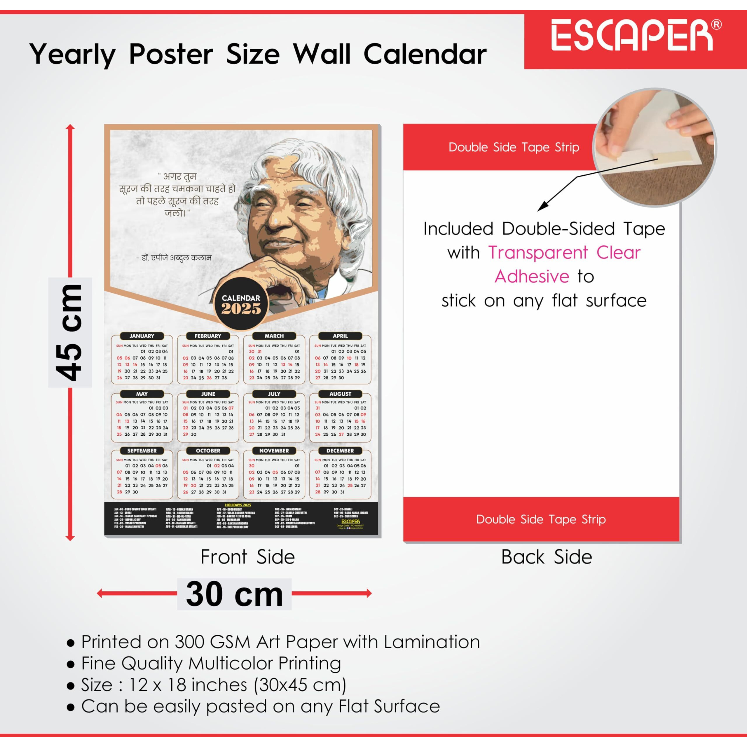 ESCAPER Motivational Wall Calendar 2025 & Inspirational Quotes (12 x 18, 300 GSM), Famous Quotes Wall Calendar 2025, Wall Calendar 2025 for Room Decoration, Wall Art