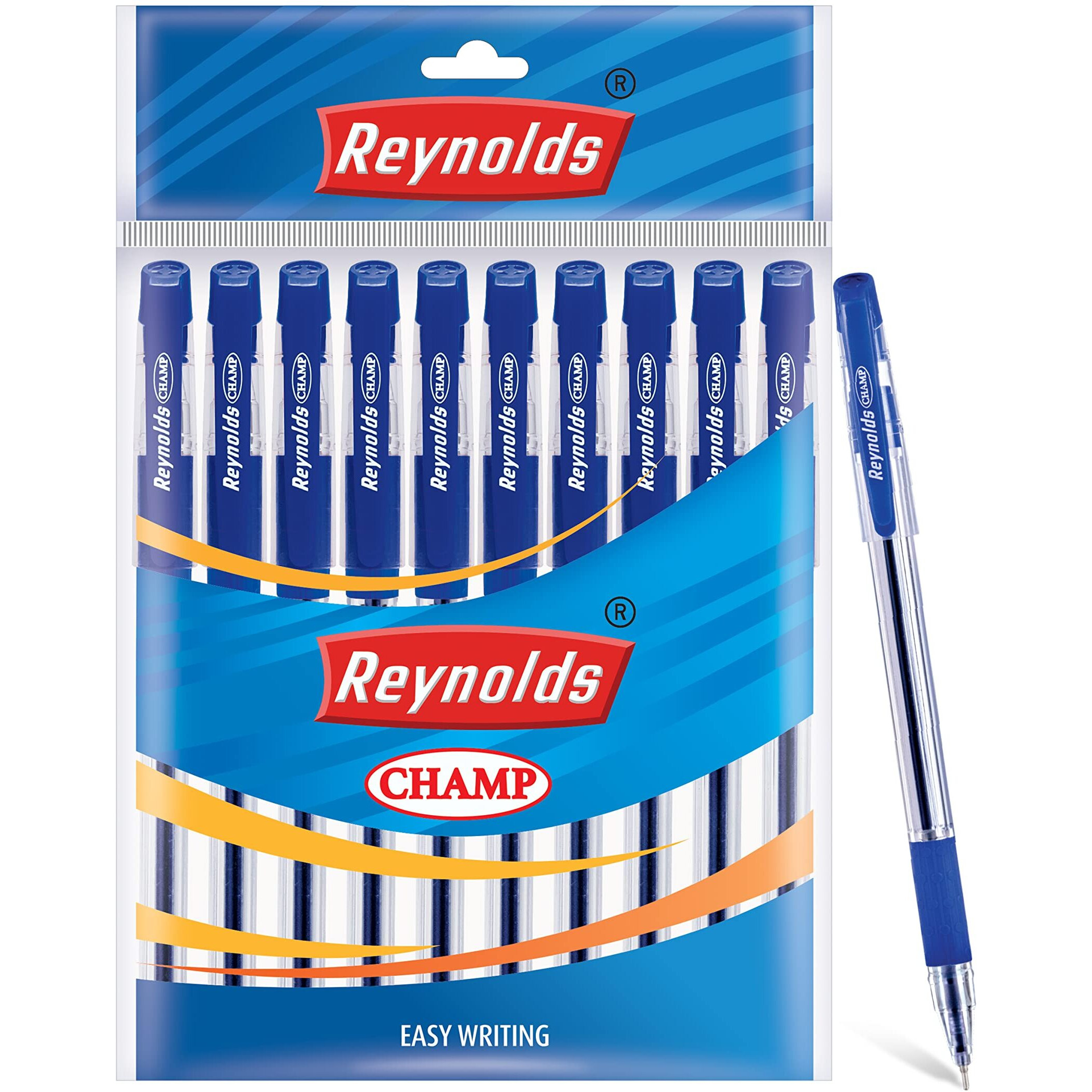 Reynolds CHAMP BP 10 CT BAG - BLUE | Ball Point Pen Set With Comfortable Grip | Pens For Writing | School and Office Stationery | Pens For Students | 0.7 mm Tip Size