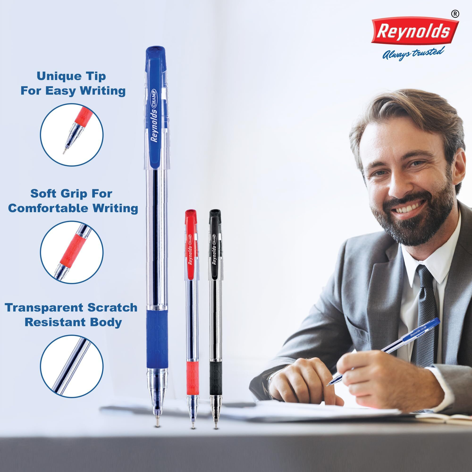 Reynolds CHAMP BP 10 CT BAG - BLUE | Ball Point Pen Set With Comfortable Grip | Pens For Writing | School and Office Stationery | Pens For Students | 0.7 mm Tip Size