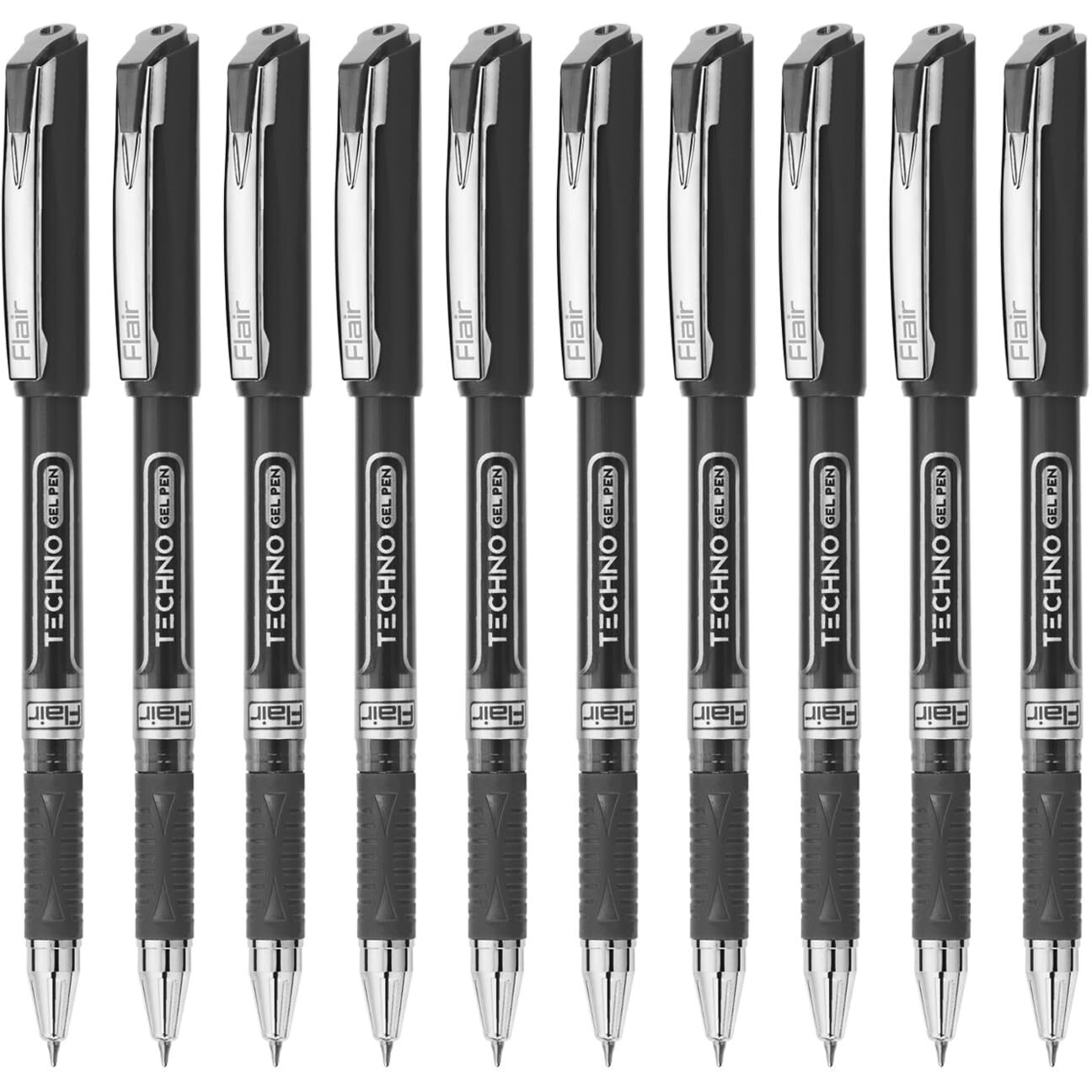 FLAIR Techno 0.5mm Gel Pen Box Pack | Japanese Waterproof Gel Ink for Smudge Free Writing | Comfortable Grip for Easy Handling | Black Ink, Pack of 10 Pens