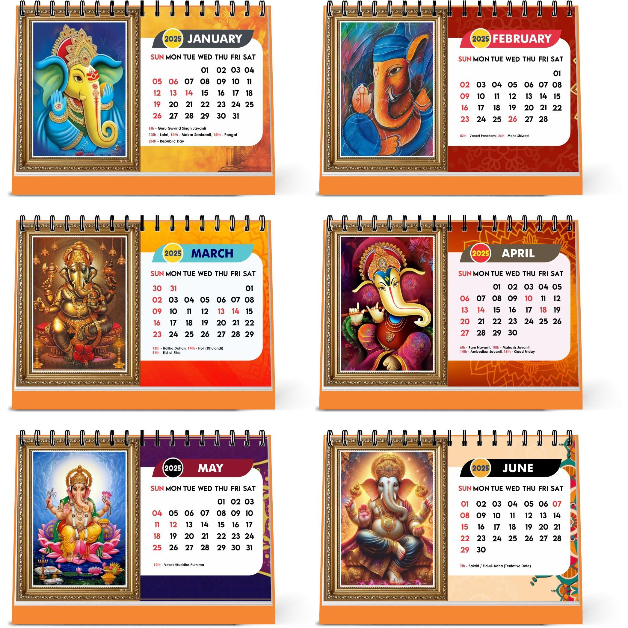 ESCAPER Lord Ganesha Calendar 2025 Desk, Ganesh Ji Calendar 2025, Ganesh Ji Photo Calendar 2025, Ganesha Calendar big Size, Ganpati Table Calendar 2025, Hindu God Calender 2025