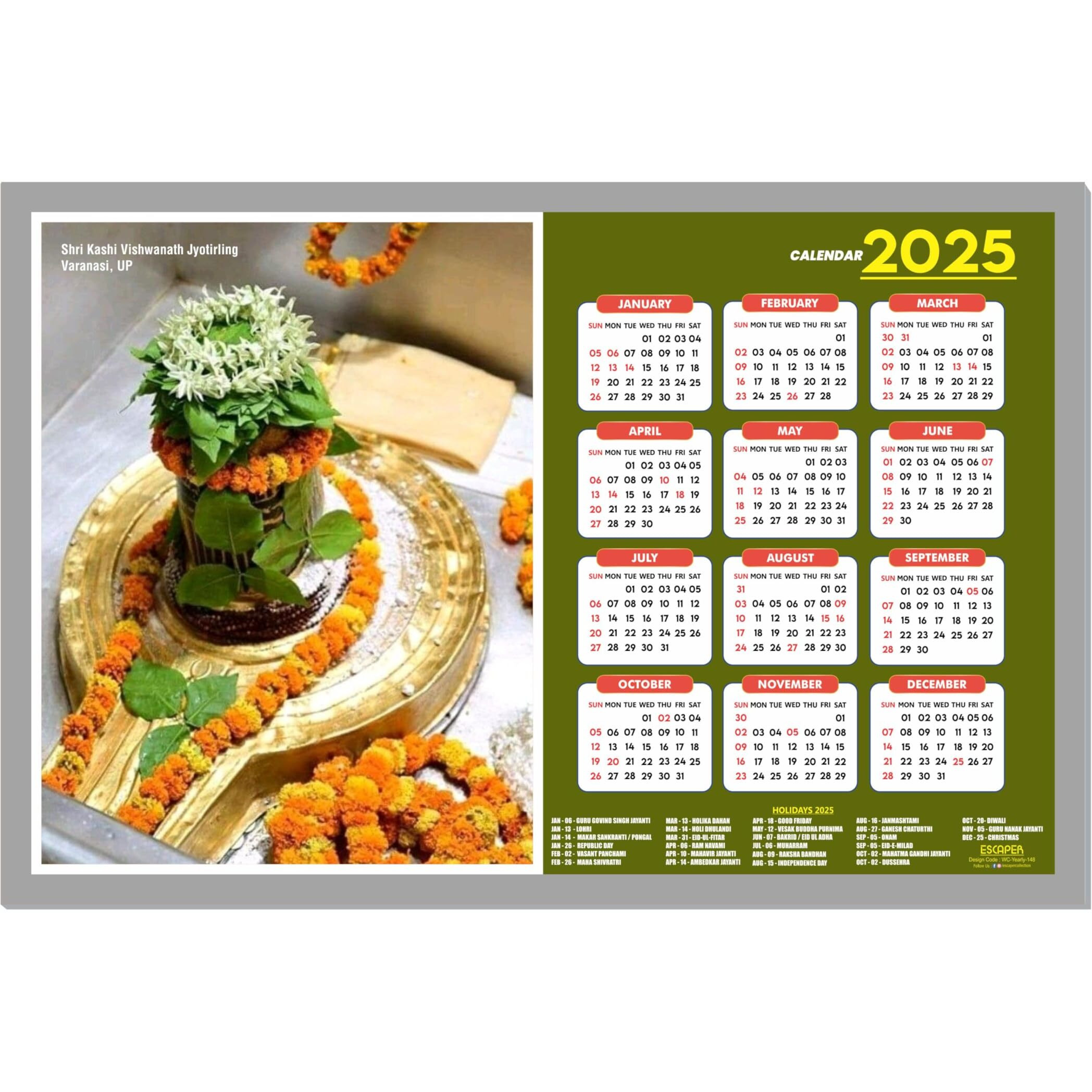 ESCAPER Kashi Vishwanath Mandir Wall Calendar 2025 (45 x 30 cm), Famous Hindu Temples Wall Decor, Kashi Vishwanath Wall Calendar 2025, Kashi Vishwanath Mandir Photos, Hindu Gods Photos, Hindu Goddess Photos, Hindu Mandir Wall Calendar 2025