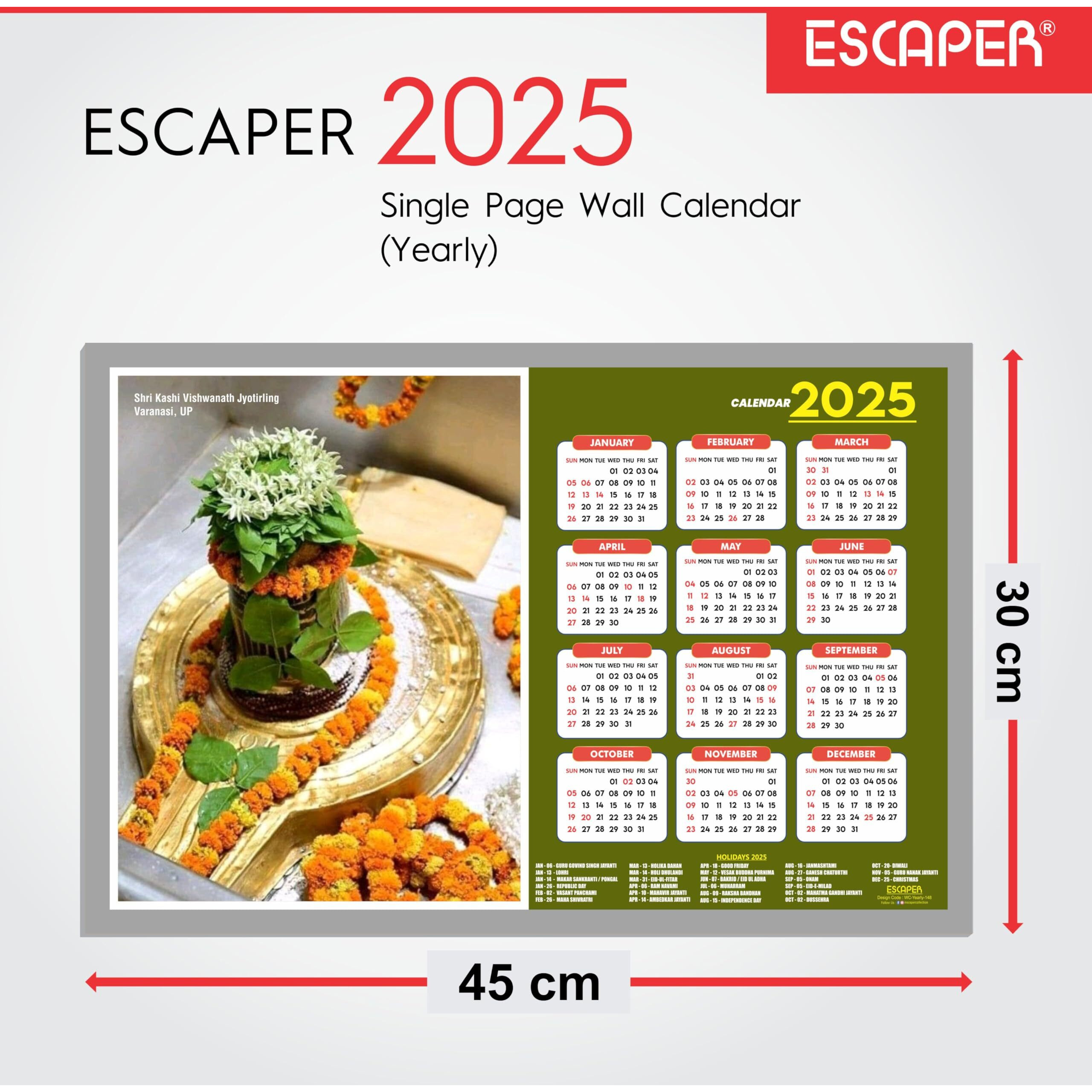ESCAPER Kashi Vishwanath Mandir Wall Calendar 2025 (45 x 30 cm), Famous Hindu Temples Wall Decor, Kashi Vishwanath Wall Calendar 2025, Kashi Vishwanath Mandir Photos, Hindu Gods Photos, Hindu Goddess Photos, Hindu Mandir Wall Calendar 2025