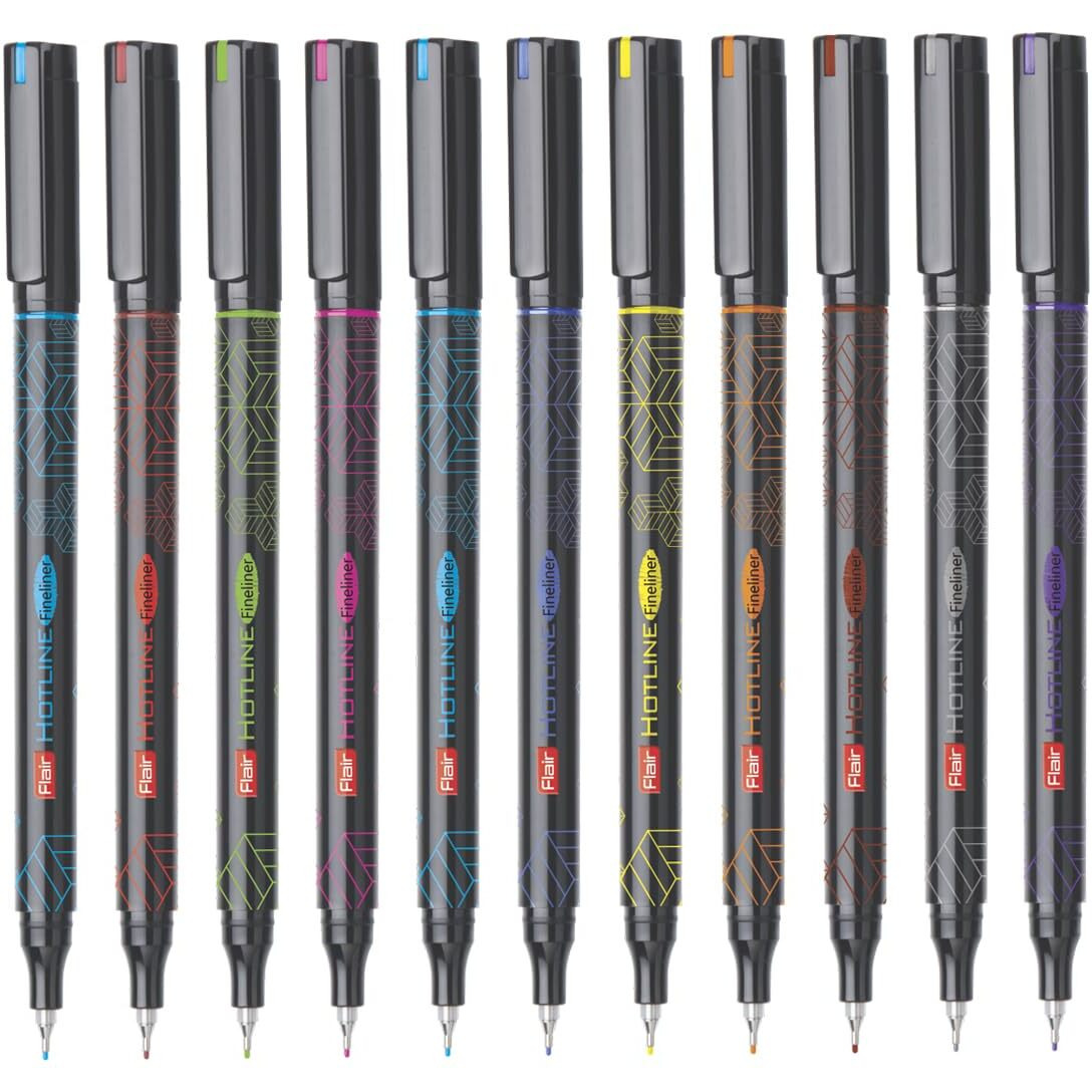 FLAIR Hotline Fineliner Metal Tip Pen | Tip Size 0.7 to 1 mm | Light Weight With Comfortable Grip | Extra Smooth | Ideal for School, Collage, Office| Multicolor Pouch, Pack of 20