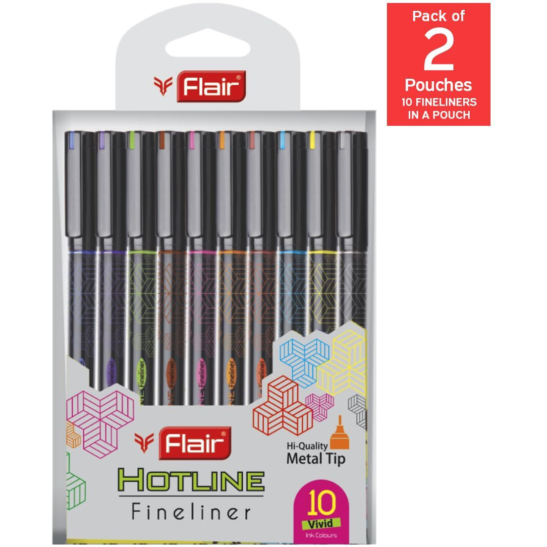 FLAIR Hotline Fineliner Metal Tip Pen | Tip Size 0.7 to 1 mm | Light Weight With Comfortable Grip | Extra Smooth | Ideal for School, Collage, Office| Multicolor Pouch, Pack of 20