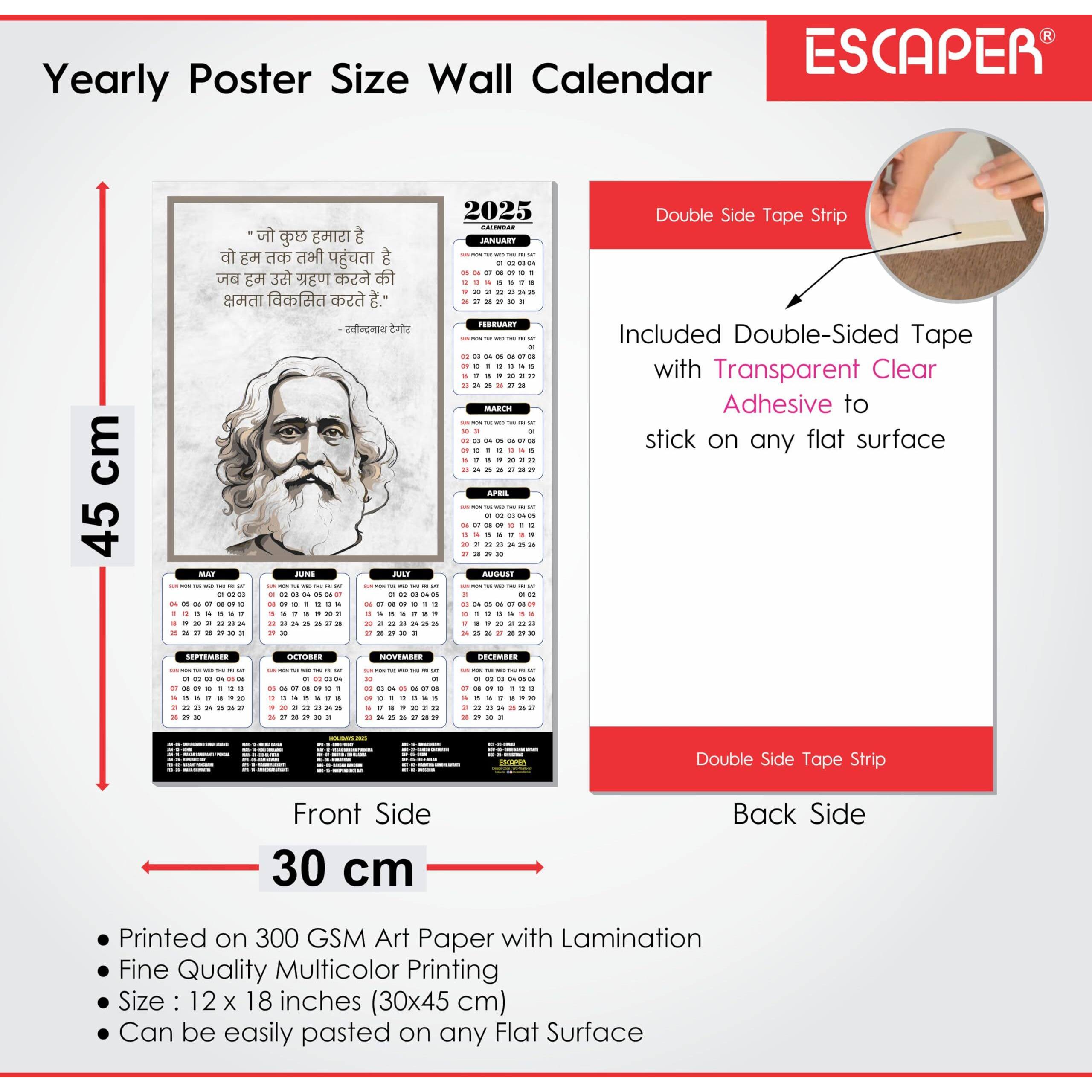 ESCAPER Rabindra Nath Tagore Motivational Wall Calendar 2025 & Inspirational Quotes (12 x 18), Famous Quotes Wall Calendar 2025, Wall Calendar 2025 for Room Decoration, Wall Art