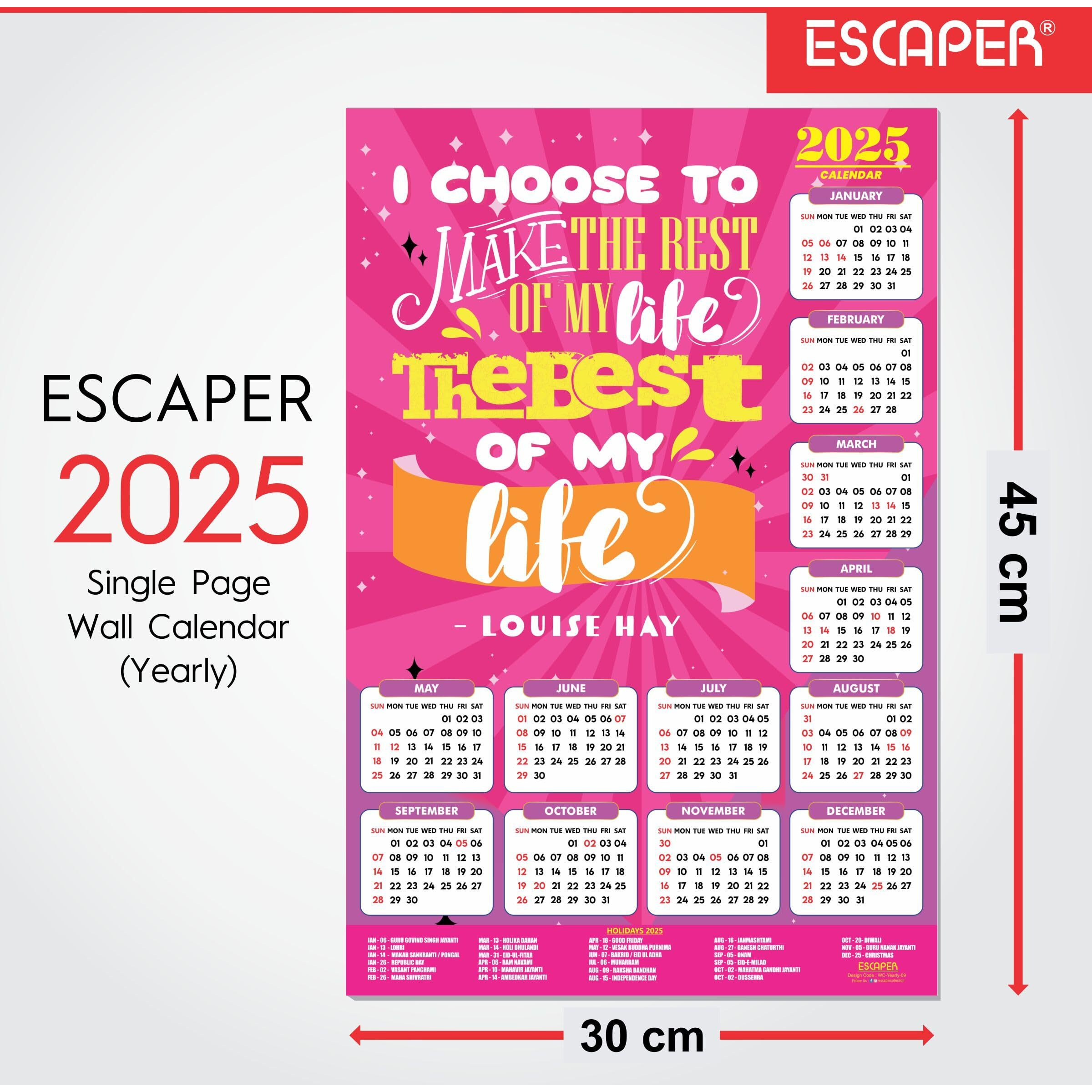 ESCAPER Motivational New Year Wall Calendar 2025 (45x30 cm) (Pack of 2 Calendars (WC - 09,10))