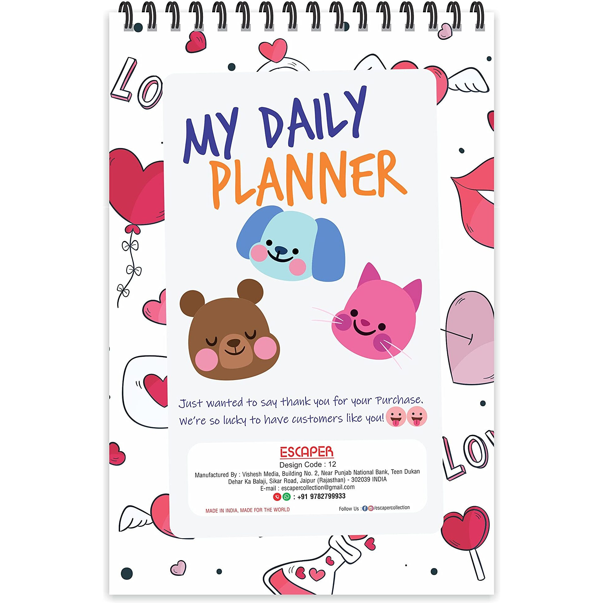 ESCAPER Love Hearts Theme Daily Planner  Stay Organized and Inspired with A5-Sized (80 Days Plan) Planner - Perfect for Kids, Students & Creatives
