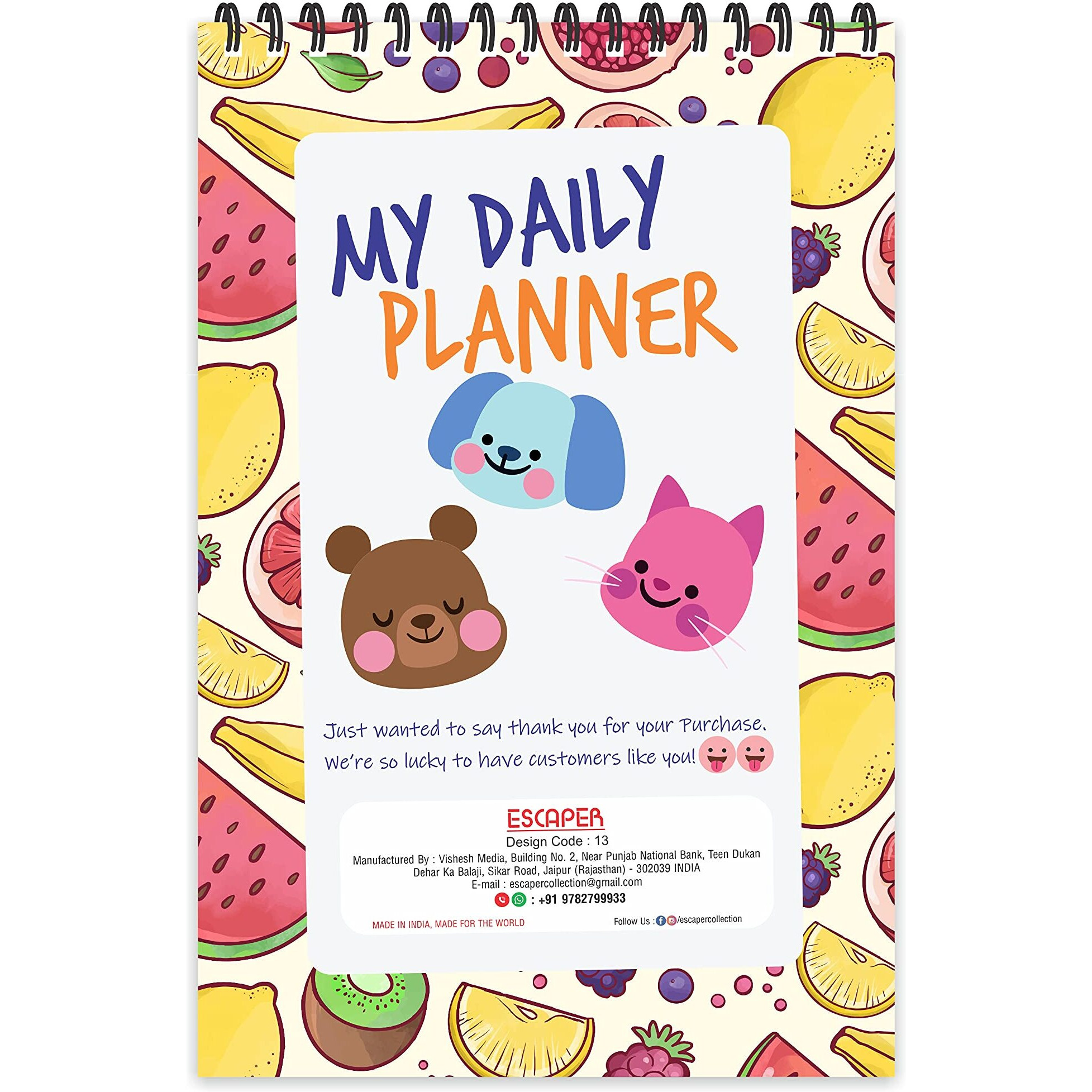 ESCAPER Fruits Theme Daily Planner  Stay Organized and Inspired with A5-Sized (80 Days Plan) Planner - Perfect for Kids, Students & Creatives