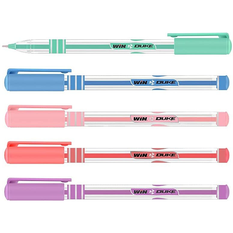 WIN Duke Ball Pens | 20 Blue Ink Pens | Assorted Pastel Colours | Ball Pens for Students | 0.7 mm Tip | Comfortable Grip for Extra Smooth Writing | Ideal for School Office & Business | Stick Pen Set