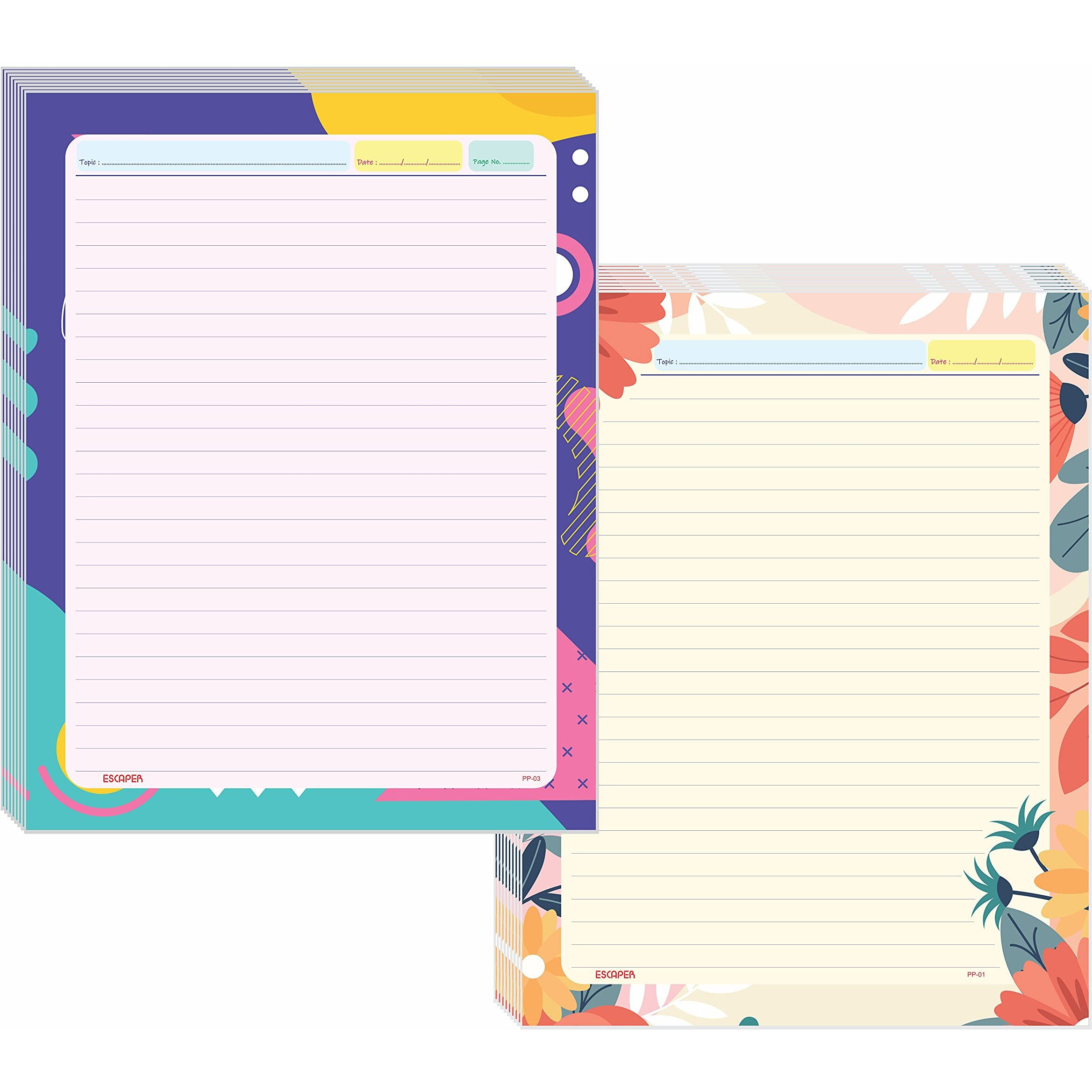 ESCAPER Abstract & Cream Flowers Themes Project Papers - Multicolor Practical Sheets for Assignment, Art & Craft One Side Ruled Lines Paper, Designer Ruled Coloured Paper, Perfect for School Projects
