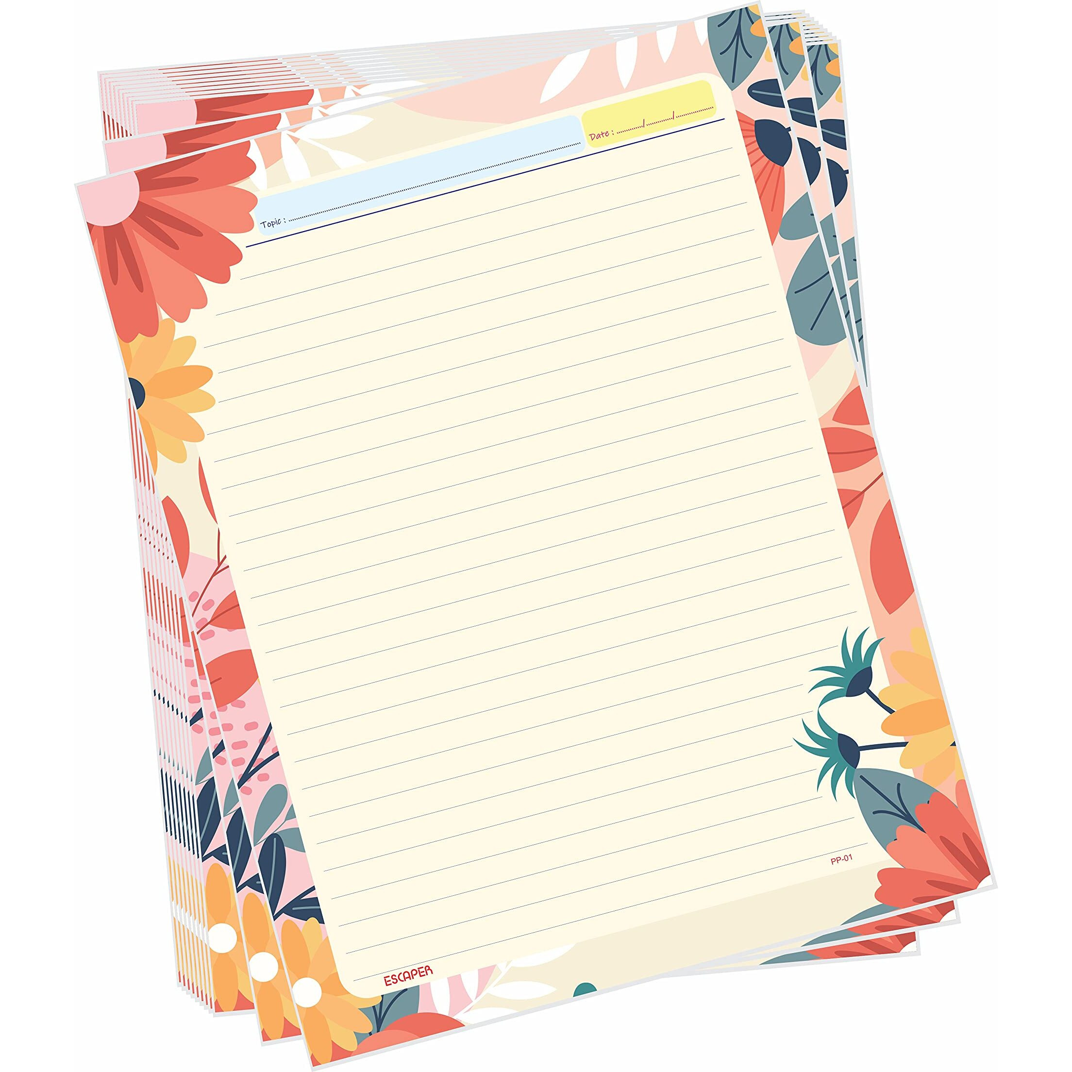 ESCAPER Abstract & Cream Flowers Themes Project Papers - Multicolor Practical Sheets for Assignment, Art & Craft One Side Ruled Lines Paper, Designer Ruled Coloured Paper, Perfect for School Projects