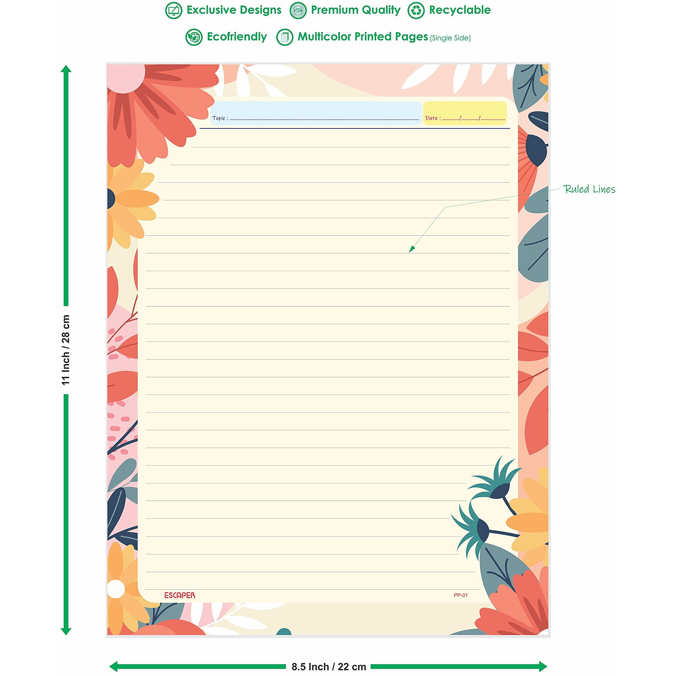ESCAPER Abstract & Cream Flowers Themes Project Papers - Multicolor Practical Sheets for Assignment, Art & Craft One Side Ruled Lines Paper, Designer Ruled Coloured Paper, Perfect for School Projects