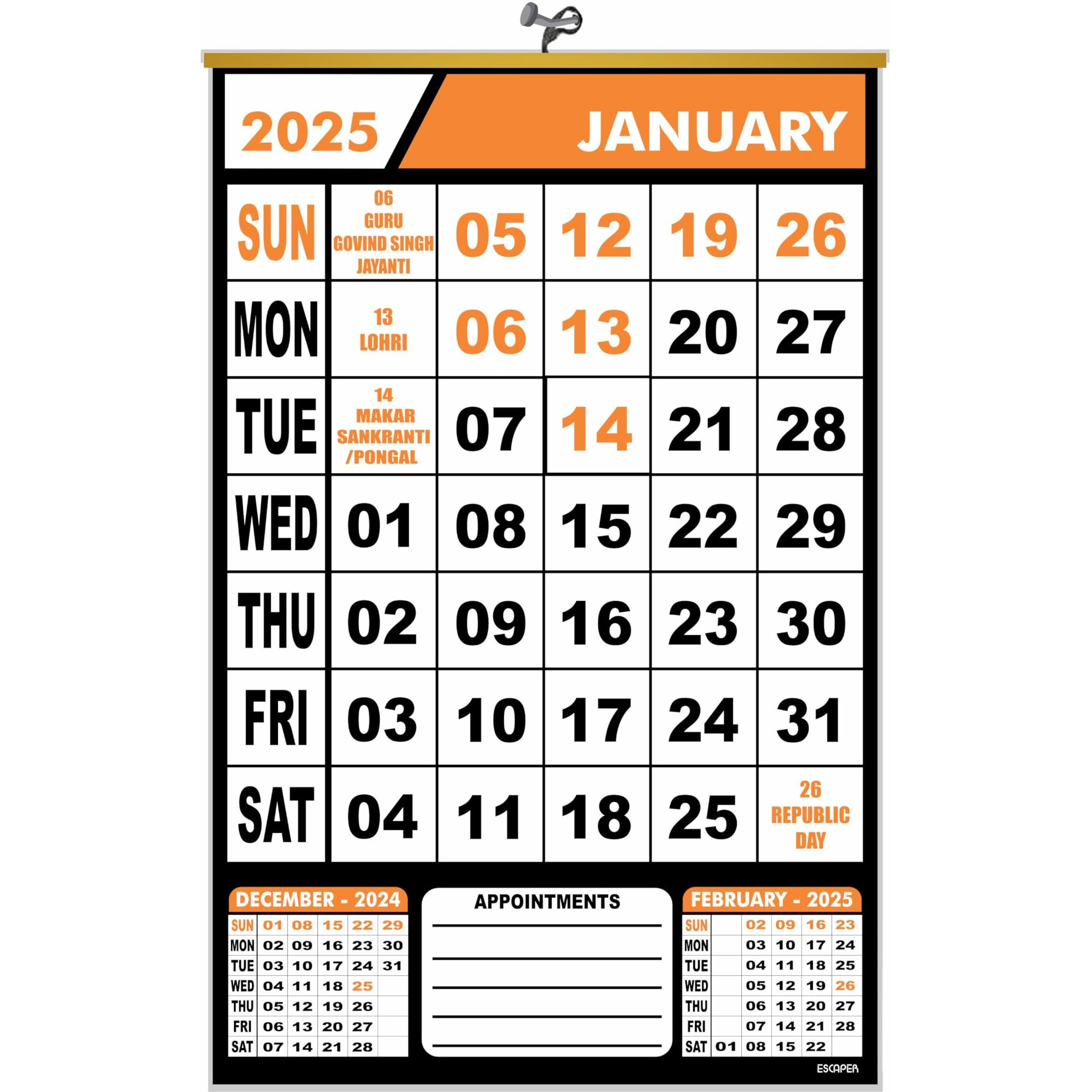 ESCAPER 2025 Wall Calendar Hanging for Home & Office Use, Office Wall Calendar 2025 Hanging, Home Wall Calendar Hanging, Indian Holidays Mentioned, Appointment Planning (Orange, 1 Qty)