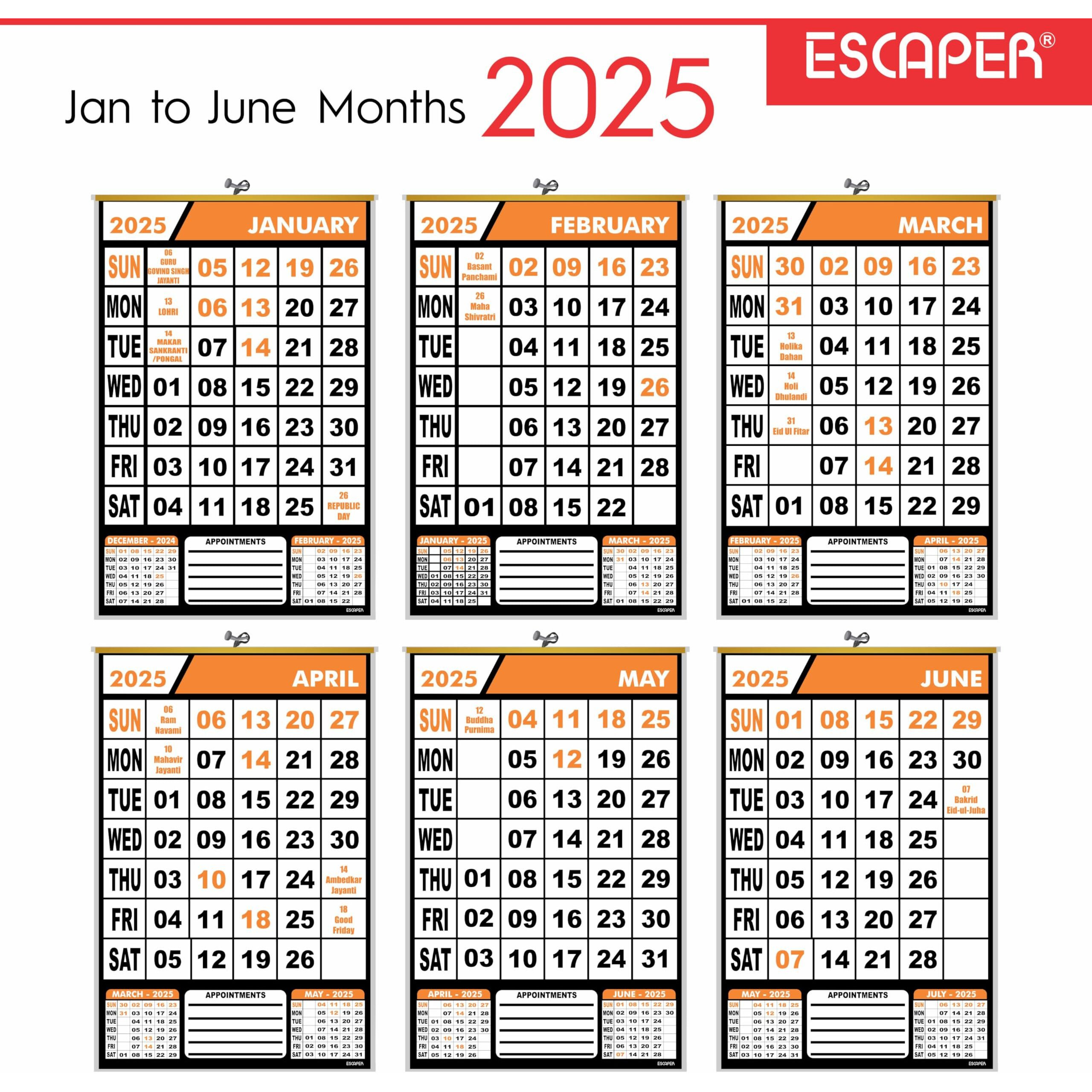 ESCAPER 2025 Wall Calendar Hanging for Home & Office Use, Office Wall Calendar 2025 Hanging, Home Wall Calendar Hanging, Indian Holidays Mentioned, Appointment Planning (Orange, 1 Qty)