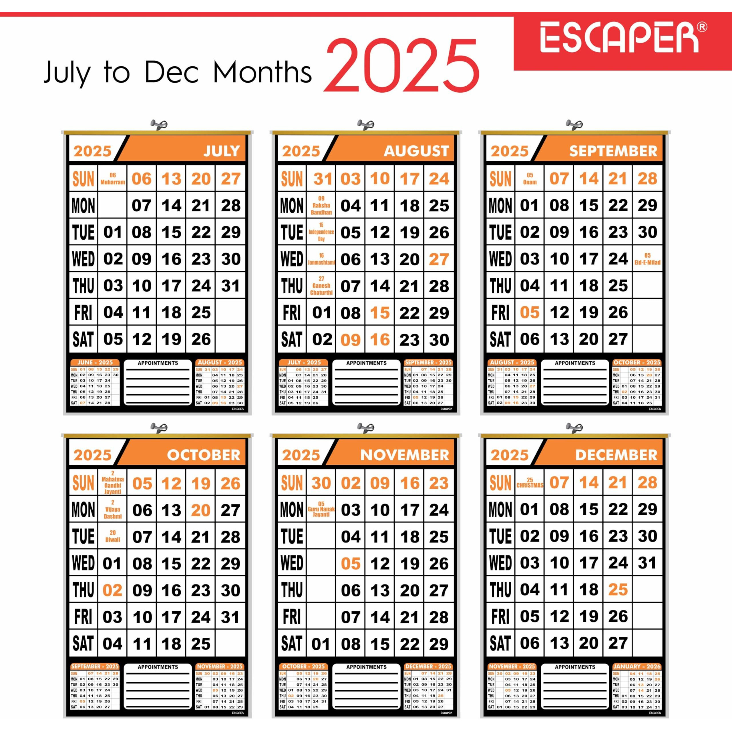 ESCAPER 2025 Wall Calendar Hanging for Home & Office Use, Office Wall Calendar 2025 Hanging, Home Wall Calendar Hanging, Indian Holidays Mentioned, Appointment Planning (Orange, 1 Qty)