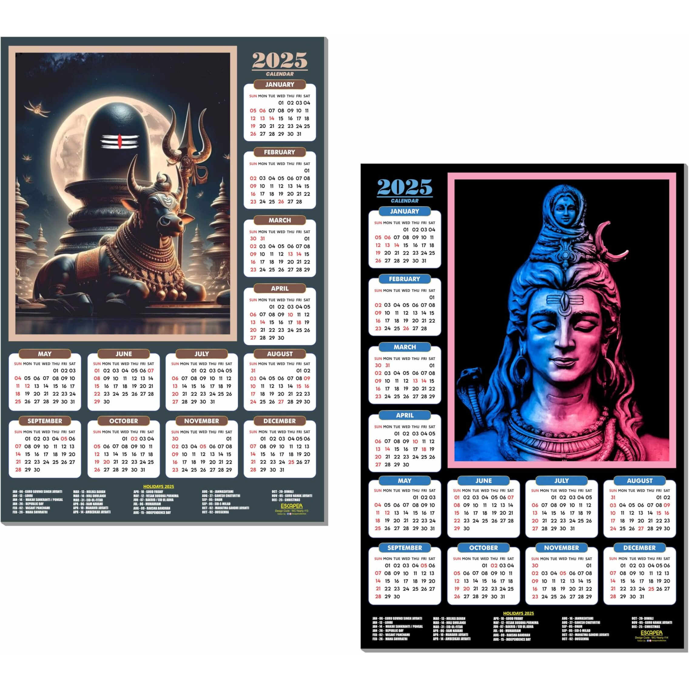 ESCAPER Lord Shiva Wall Calendar 2025 hanging (45 x 30 cm), Bholenath Wall Calendar 2025, Shivling Wall Calendar 2025, Shanker Ji Photo, Mahadev Wall Calendar 2025, Shivji Calendar, Lord Shiva Wall Decor