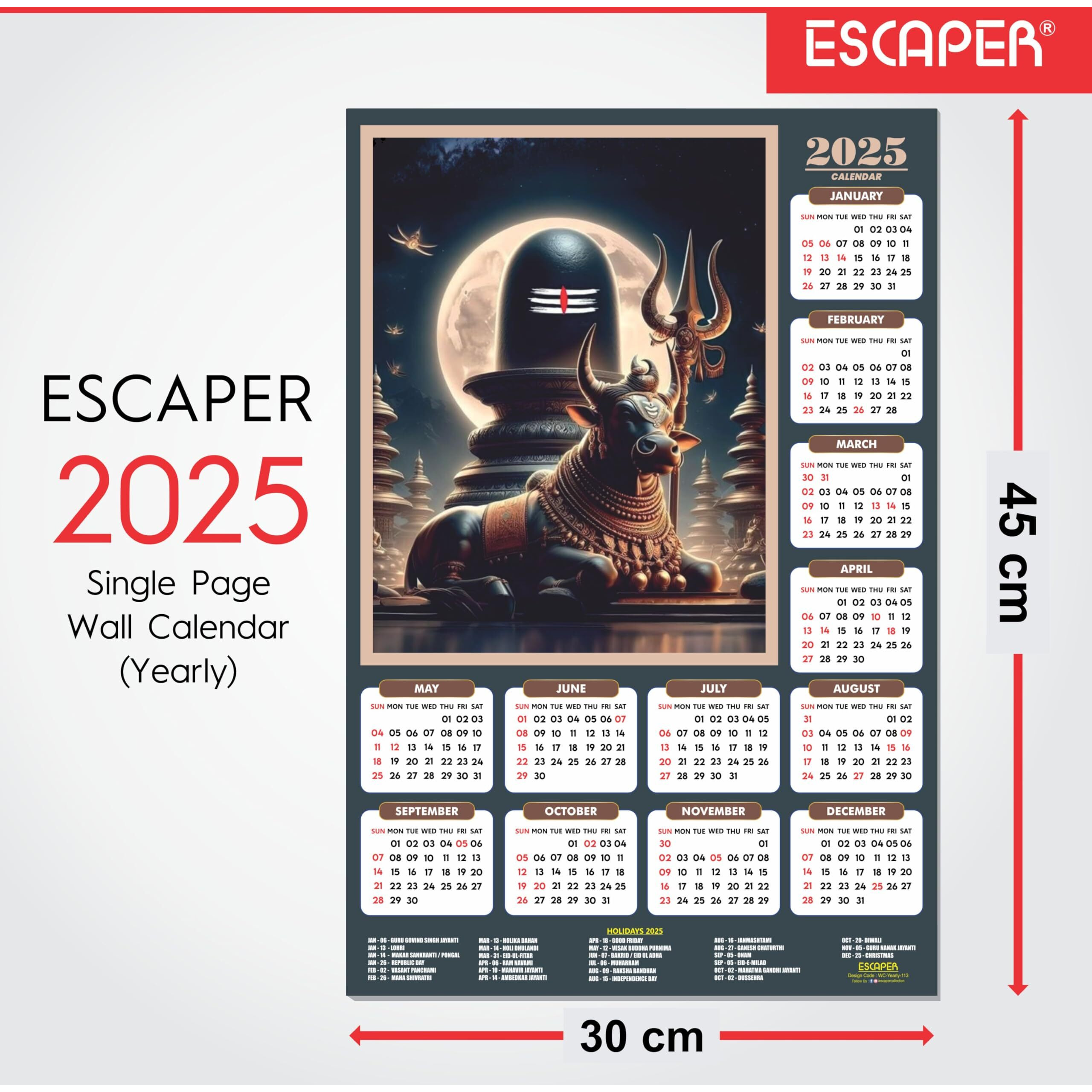 ESCAPER Lord Shiva Wall Calendar 2025 hanging (45 x 30 cm), Bholenath Wall Calendar 2025, Shivling Wall Calendar 2025, Shanker Ji Photo, Mahadev Wall Calendar 2025, Shivji Calendar, Lord Shiva Wall Decor