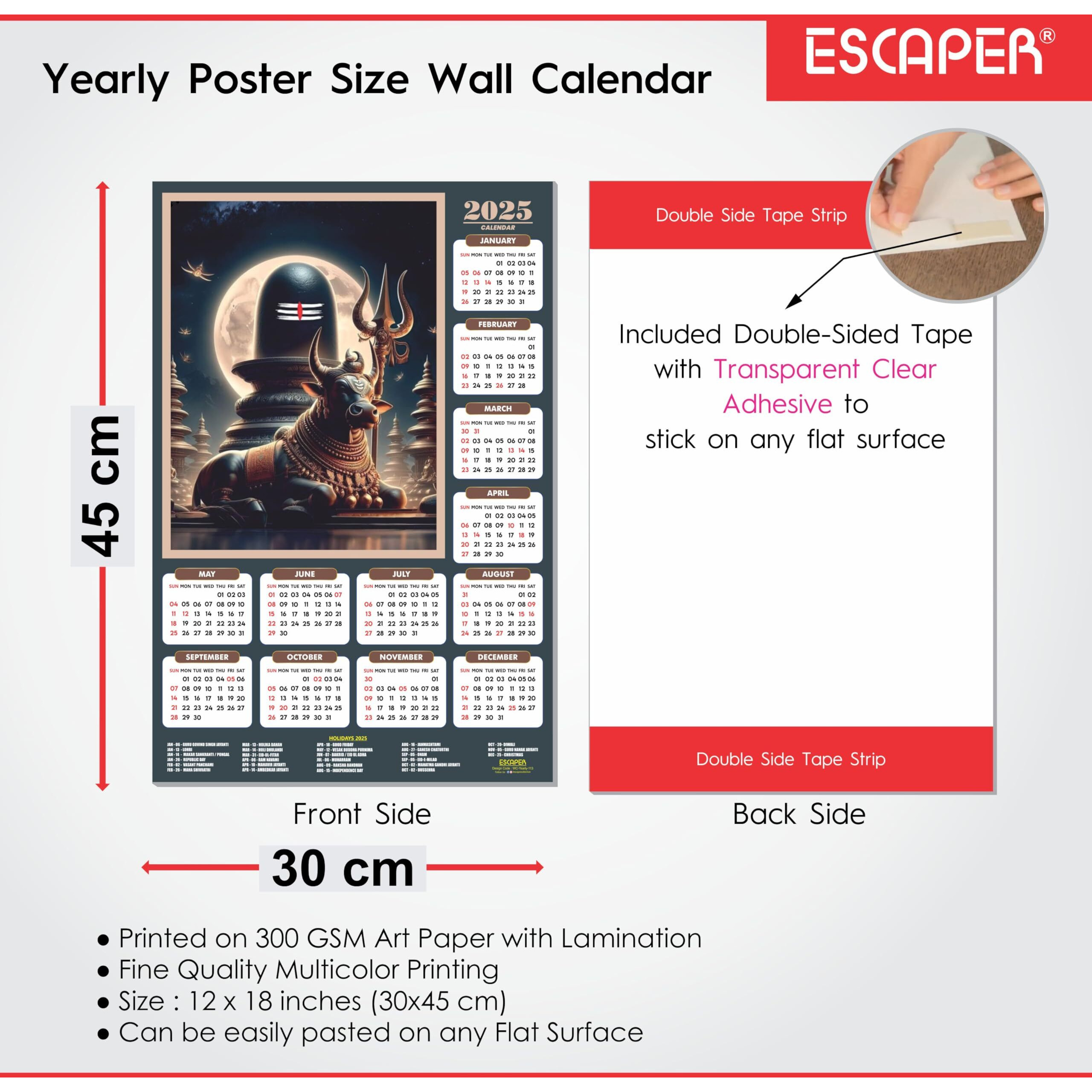 ESCAPER Lord Shiva Wall Calendar 2025 hanging (45 x 30 cm), Bholenath Wall Calendar 2025, Shivling Wall Calendar 2025, Shanker Ji Photo, Mahadev Wall Calendar 2025, Shivji Calendar, Lord Shiva Wall Decor