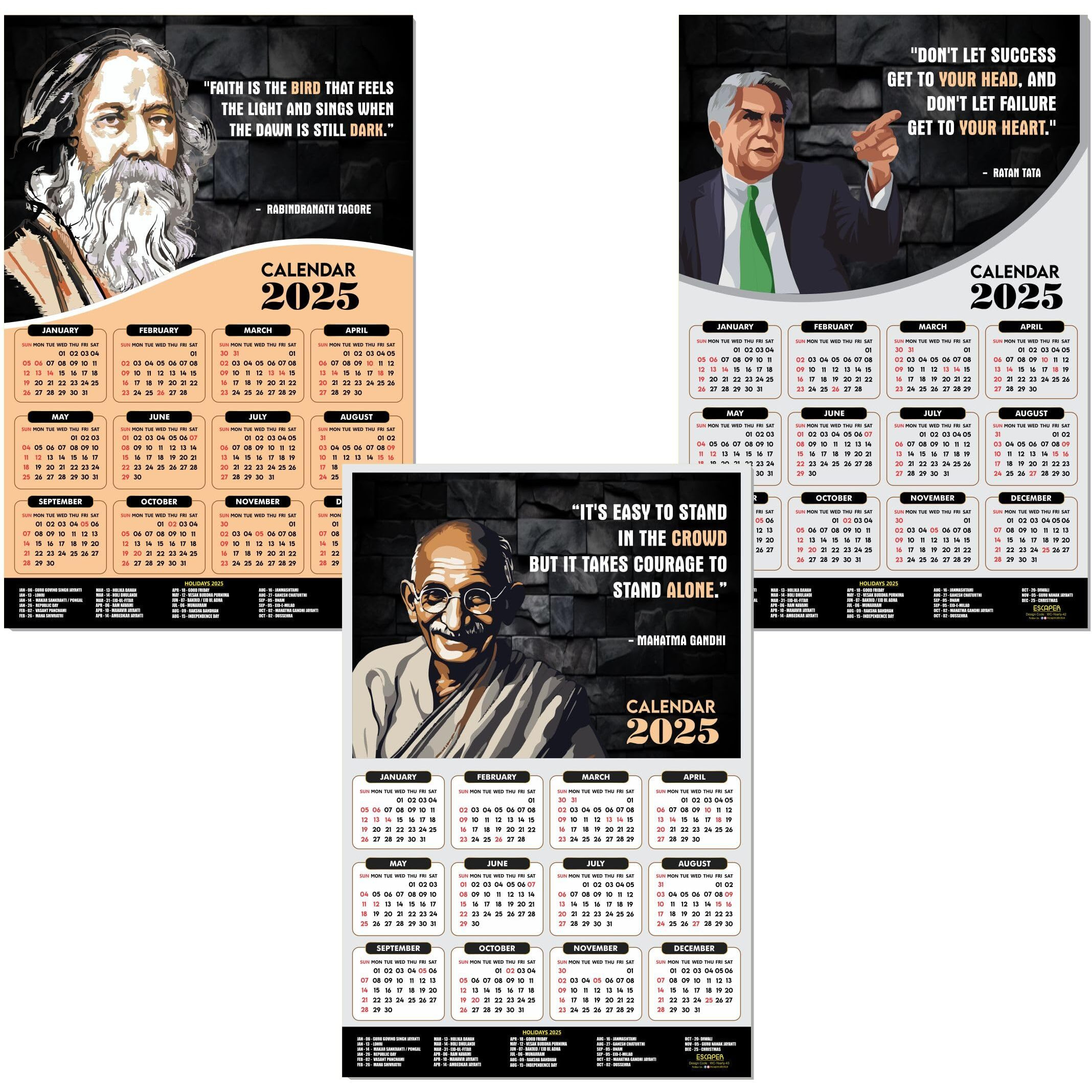 ESCAPER Motivational Wall Calendar 2025 & Inspirational Quotes (12 x 18, 300 GSM), Famous Quotes Wall Calendar 2025, Wall Calendar 2025 for Room Decoration, Wall Art