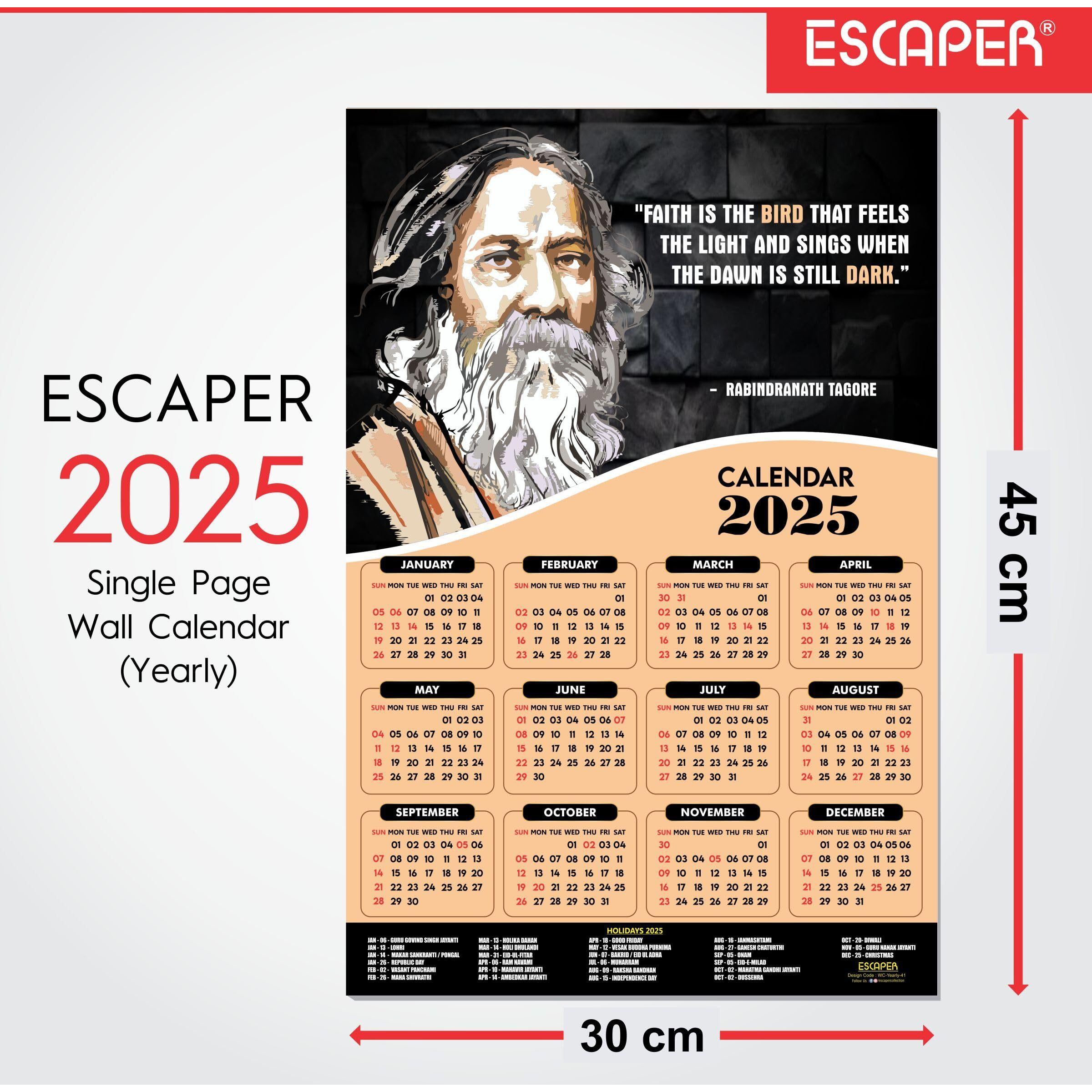 ESCAPER Motivational Wall Calendar 2025 & Inspirational Quotes (12 x 18, 300 GSM), Famous Quotes Wall Calendar 2025, Wall Calendar 2025 for Room Decoration, Wall Art