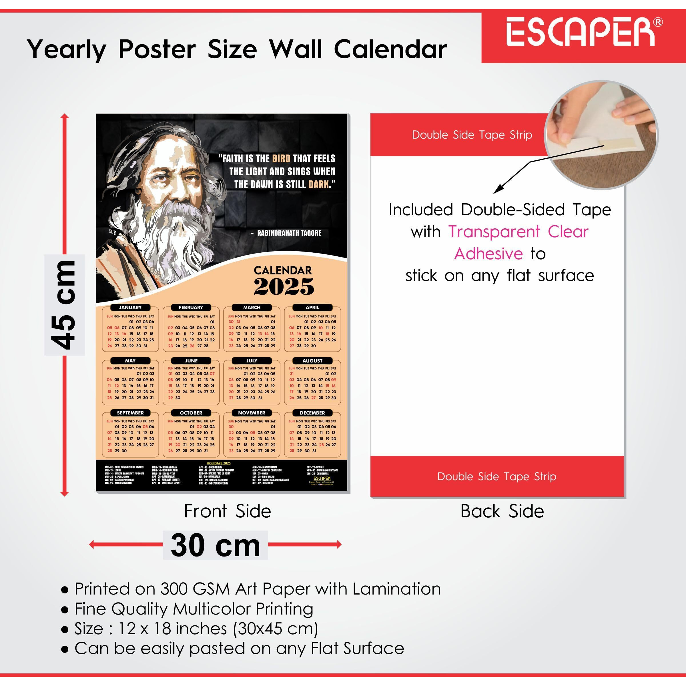 ESCAPER Motivational Wall Calendar 2025 & Inspirational Quotes (12 x 18, 300 GSM), Famous Quotes Wall Calendar 2025, Wall Calendar 2025 for Room Decoration, Wall Art