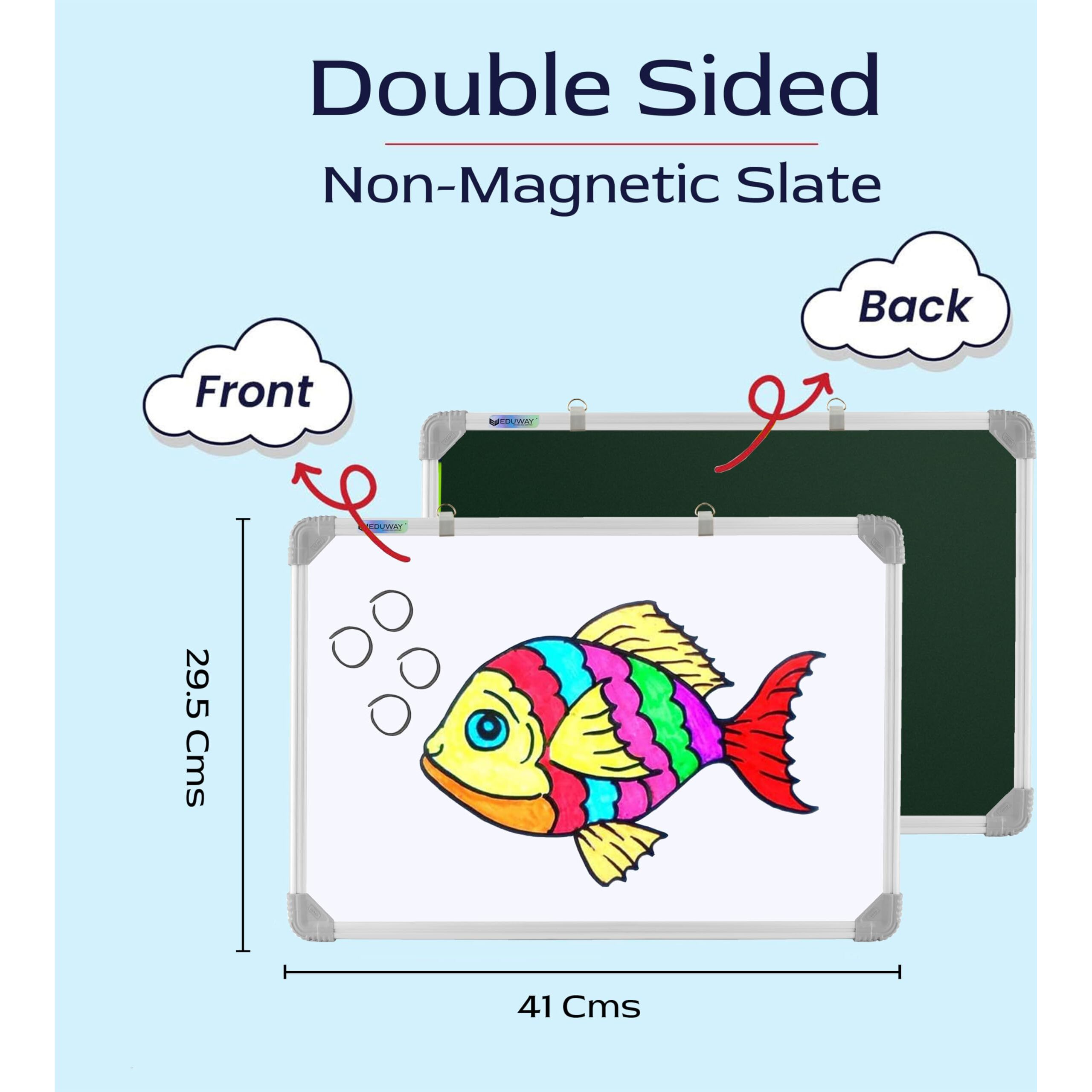 Eduway Non Magnetic 2 in 1 Learn N Write 1x1.5 Feet Slate for Kids | Double Sided Front for Chalk & Reverse Dry Erase Marker Board with PVC Corners | Learning for Kids (29x41 Cms),(Green, White)