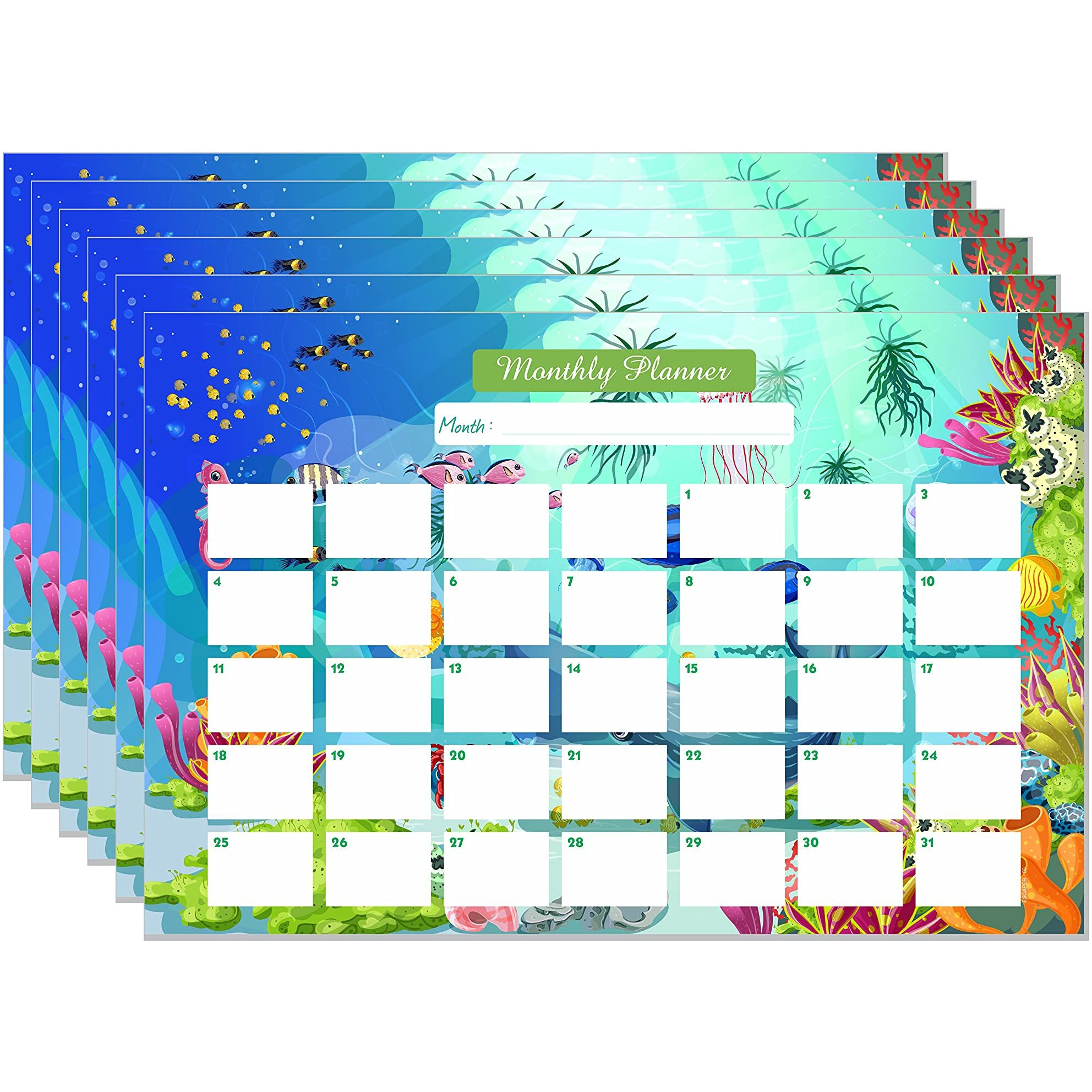 ESCAPER Sea Life Theme Monthly Planner Sheets - Pack of 6, A3-Sized Sheets for 6 Months of Productive Planning and Organizing