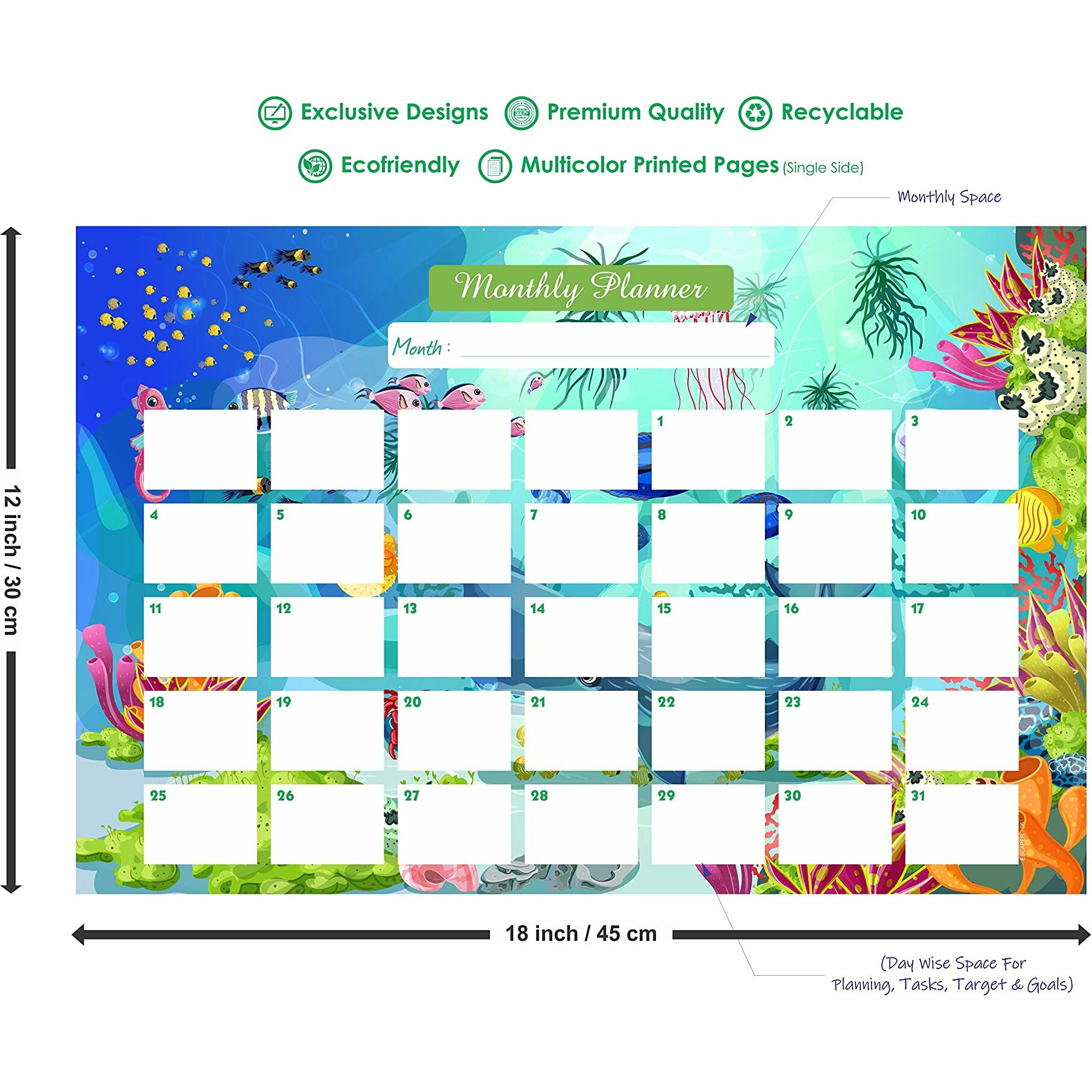 ESCAPER Sea Life Theme Monthly Planner Sheets - Pack of 6, A3-Sized Sheets for 6 Months of Productive Planning and Organizing