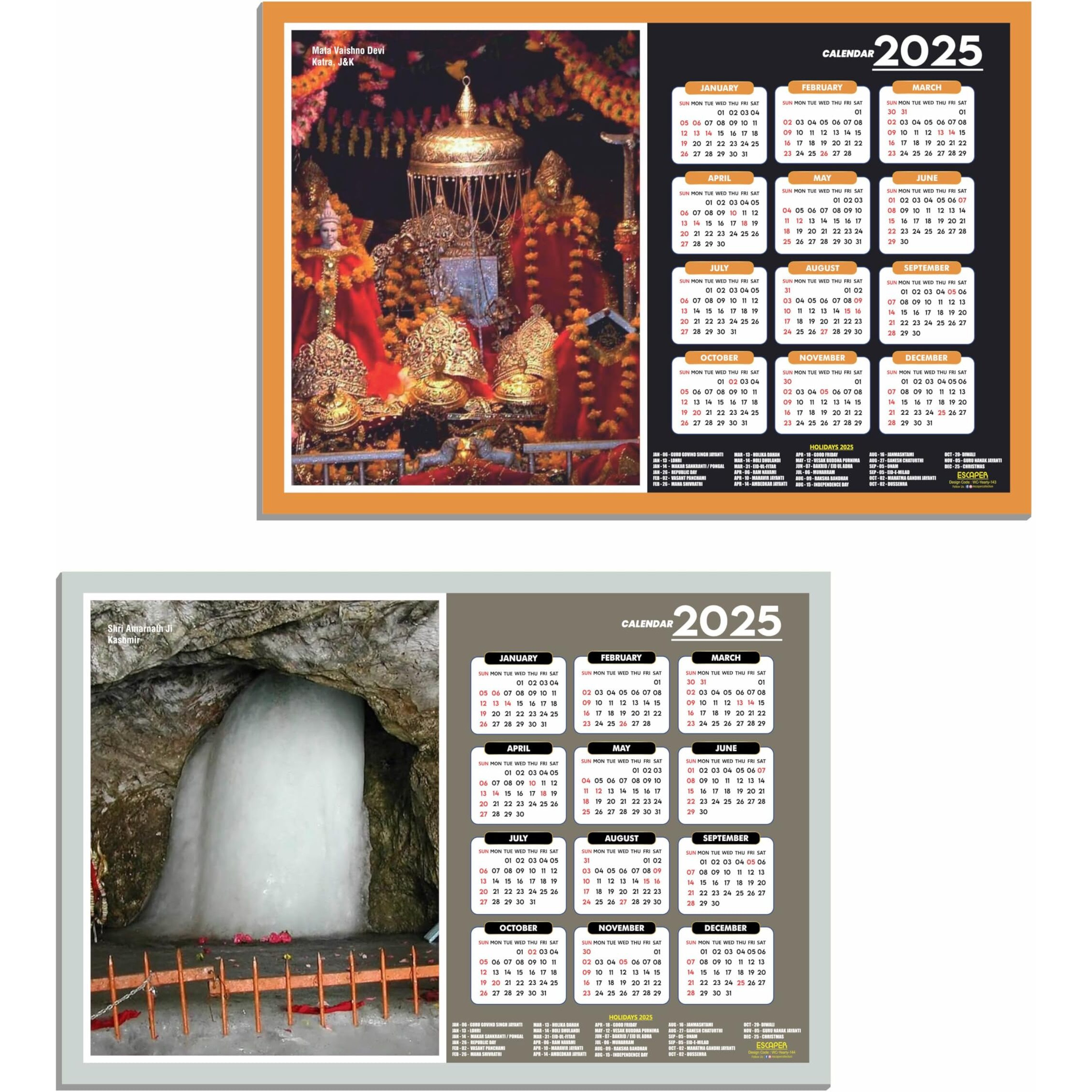 ESCAPER Amarnath Ji Wall Calendar 2025 (45 x 30 cm), Amarnath Ji Wall Calendar 2025, Mata Vaishno Devi Photos, Religious Wall Calendar 2025, Mata Vaishno Devi Wall Calendar 2025, Hindu God Photos, Hindu God Temple Wall Calendar 2025 for room decoration,