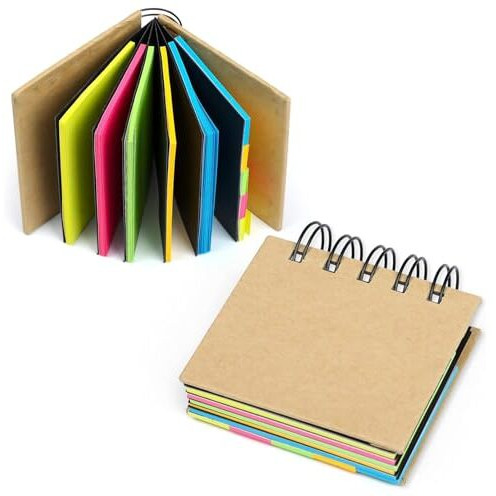GLUN 7x5cm Multicolored Self-Stick Note Pads, Fluorescent Paper Sticky Notes with Spiral Binding Portable Page with Markers Index Tabs, Home, Office, School Bookmarks Pack of 2 (Spiral Notepad B)