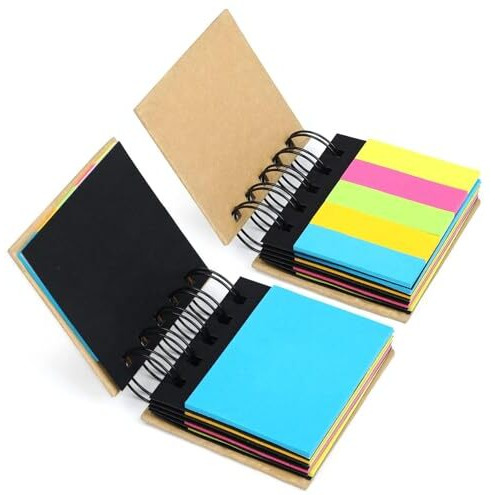 GLUN 7x5cm Multicolored Self-Stick Note Pads, Fluorescent Paper Sticky Notes with Spiral Binding Portable Page with Markers Index Tabs, Home, Office, School Bookmarks Pack of 2 (Spiral Notepad B)