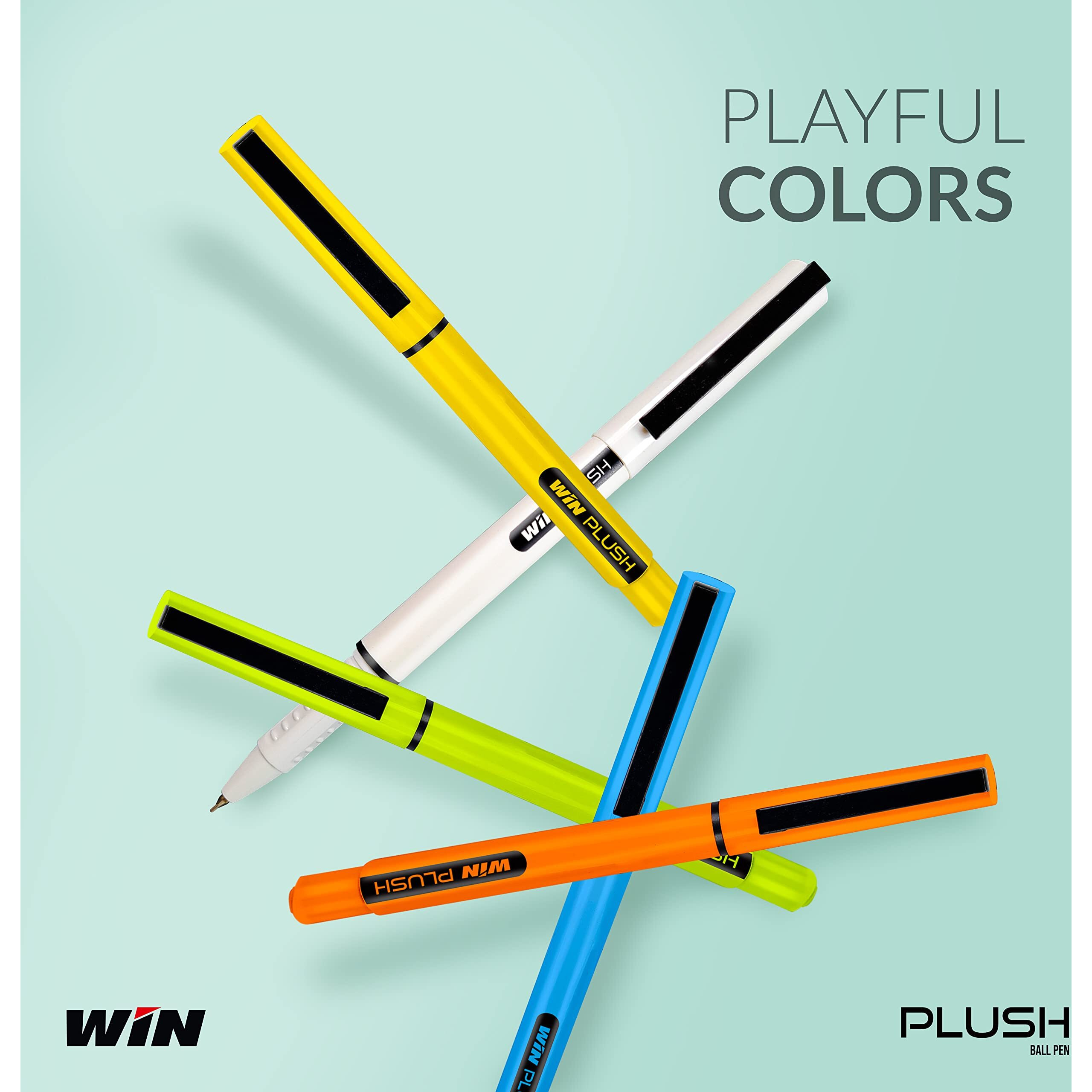 WIN Plush Ball Pen | 20 Pens (10 Blue Ink & 10 Black Ink) | Bright Body Colours | 0.7 mm Tip | Pens for Writing | Office Stationery | Stick Pens Set
