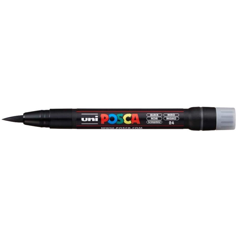 Uniball Posca PCF-350 Soft Brush Tip Paint Marker Pen | Non Toxic & Bleed Proof Ink | For Rocks Painting, Fabric, Wood, Canvas, Ceramic, Scrapbooking, DIY Crafts | Black Ink, Pack of 1