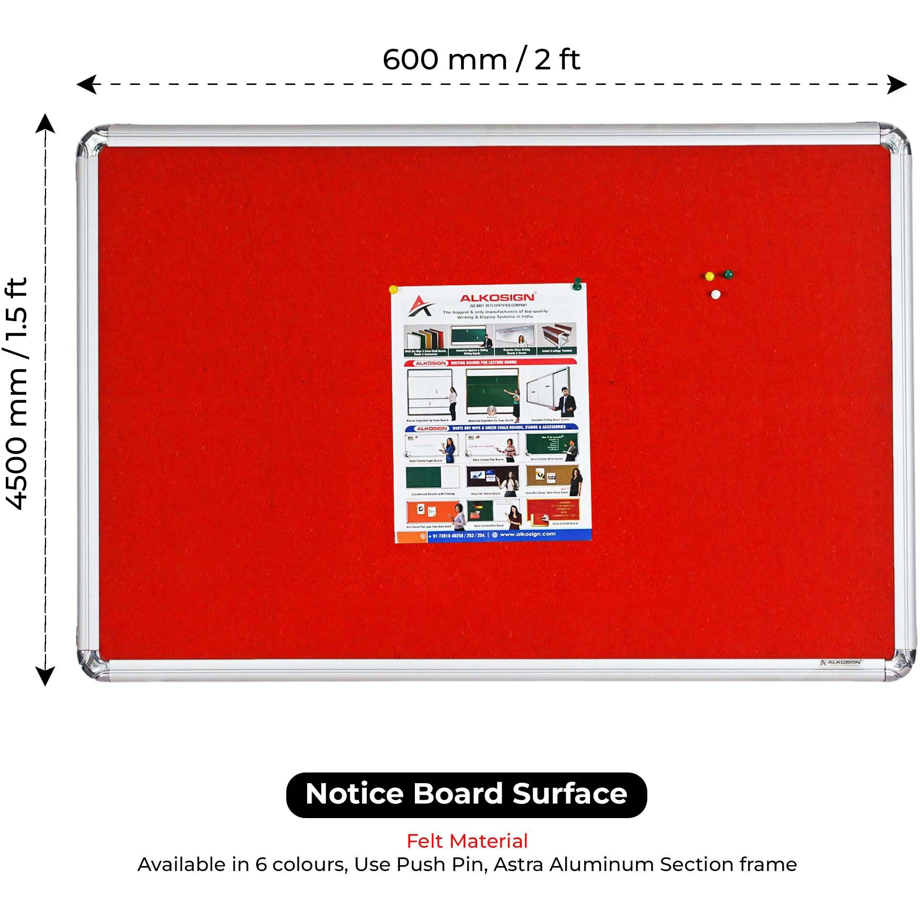 ALKOSIGN Astra Felt Notice Board -RED (1.5 x 2 Feet) |Bulletin Board, Pin-up Board, Display Board, Push pins Board, Announcement Board, Soft Message Board, for School, College, Office, Study Room etc