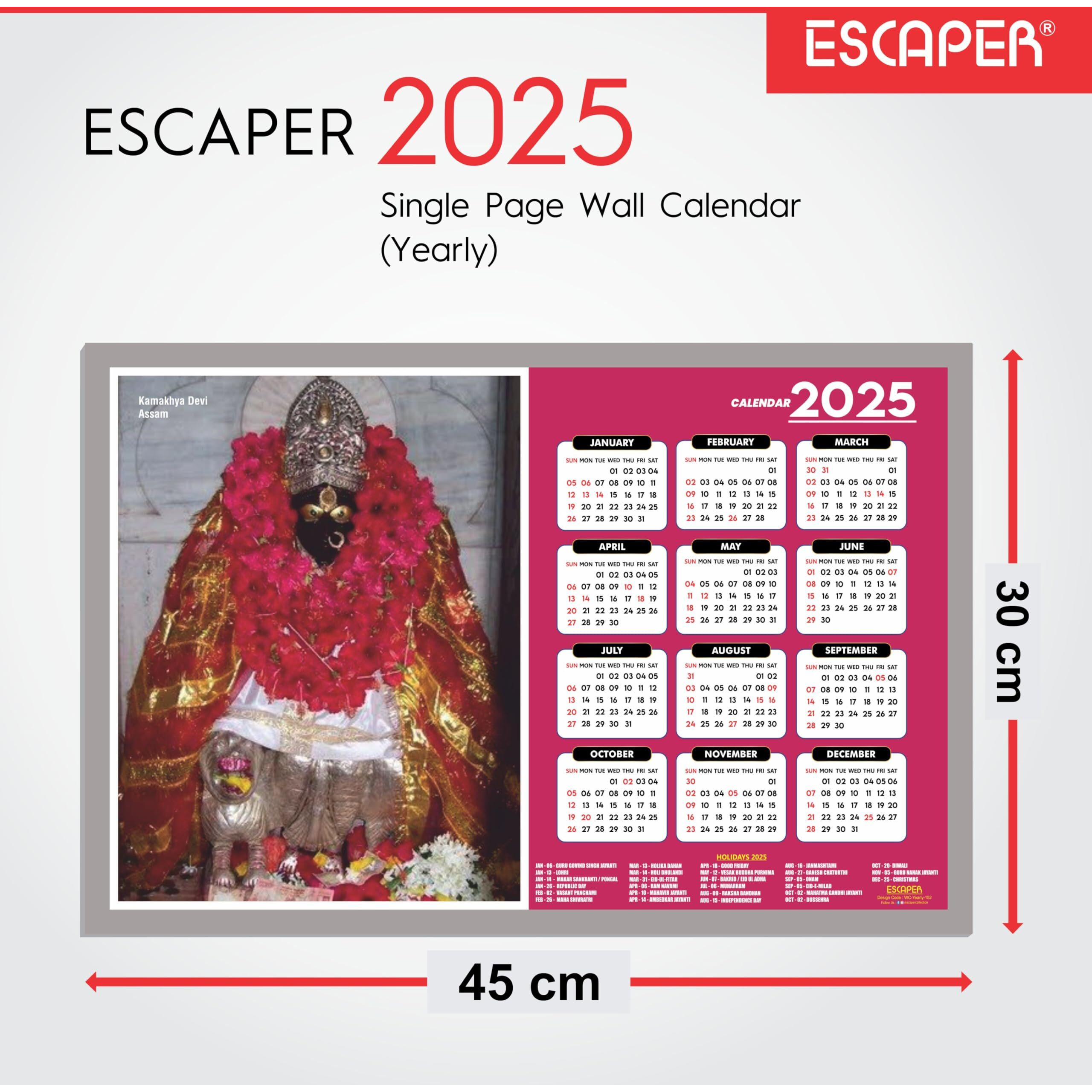 ESCAPER Famous Hindu Temples Wall Calendar 2025, Hindu Gods Wall Calendar 2025, Hindu Goddess Wall Calendar 2025, Hindu Gods Photos, Hindu Goddess Photos, Hindu Mandir Wall Calendar 2025