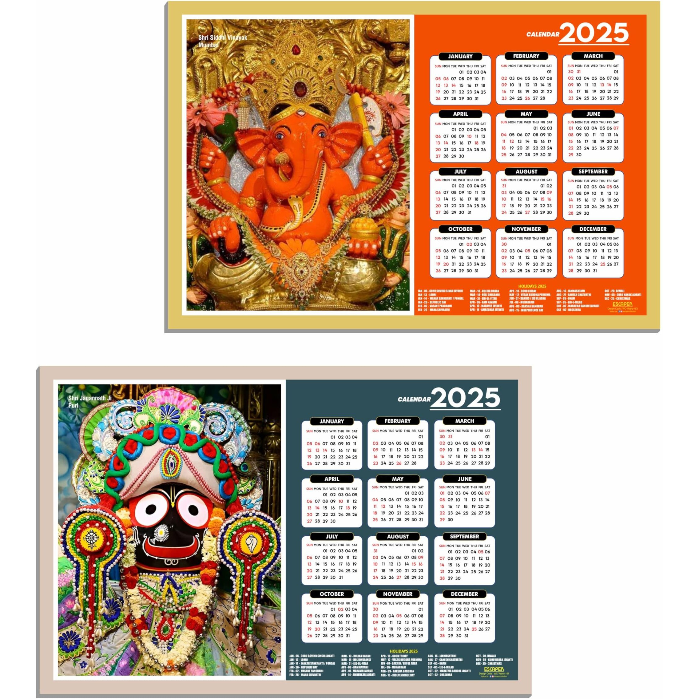 ESCAPER Famous Hindu Temples Wall Calendar 2025, Hindu Gods Wall Calendar 2025, Hindu Goddess Wall Calendar 2025, Hindu Gods Photos, Hindu Goddess Photos, Hindu Mandir Wall Calendar 2025 (Siddhi Vinayak & Jaganath Puri