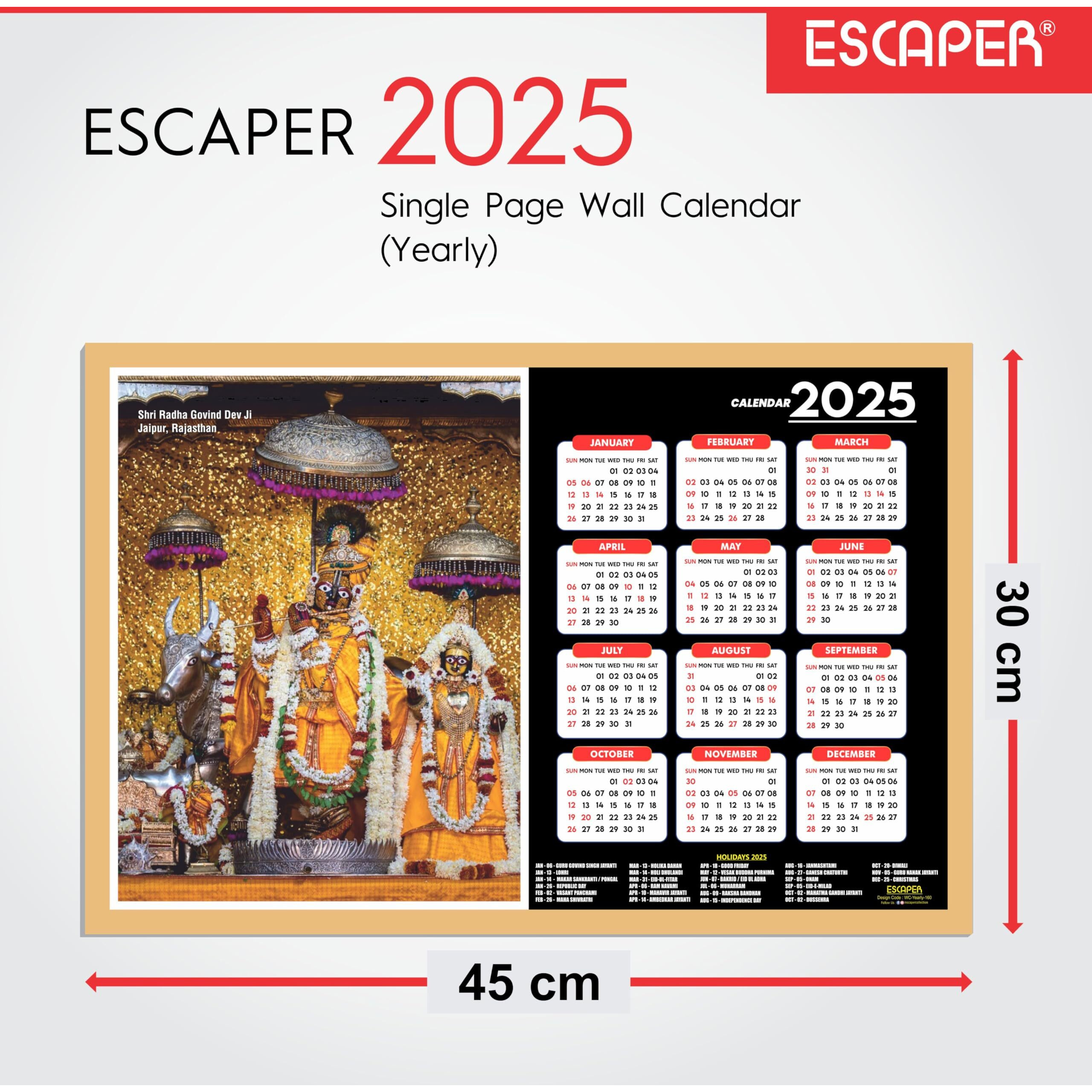 ESCAPER Radha Govind Dev Ji Wall Calendar 2025 (45 x 30 cm), Radha Govind Dev Ji Mandir Wall Calendar 2025, Radha Govind Dev Ji Photos, Religious Wall Calendar 2025, Radha Govind Dev Ji Wall Calendar 2025, Hindu God Photo Calendar 2025