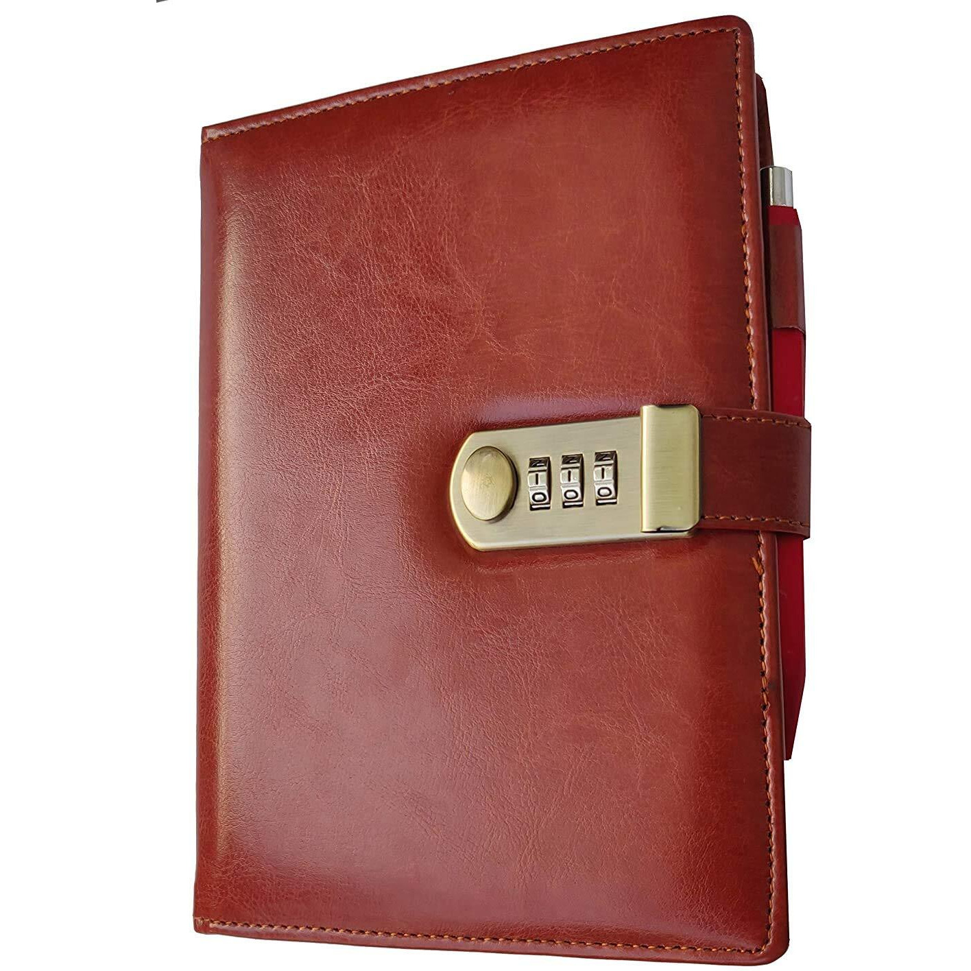 AccuPrints PU Leather Notebook Diary with Lock, Size 6 by 8 inch or A5 with Combination Password Journal- Pages 200 undated (Lock diary Brown)