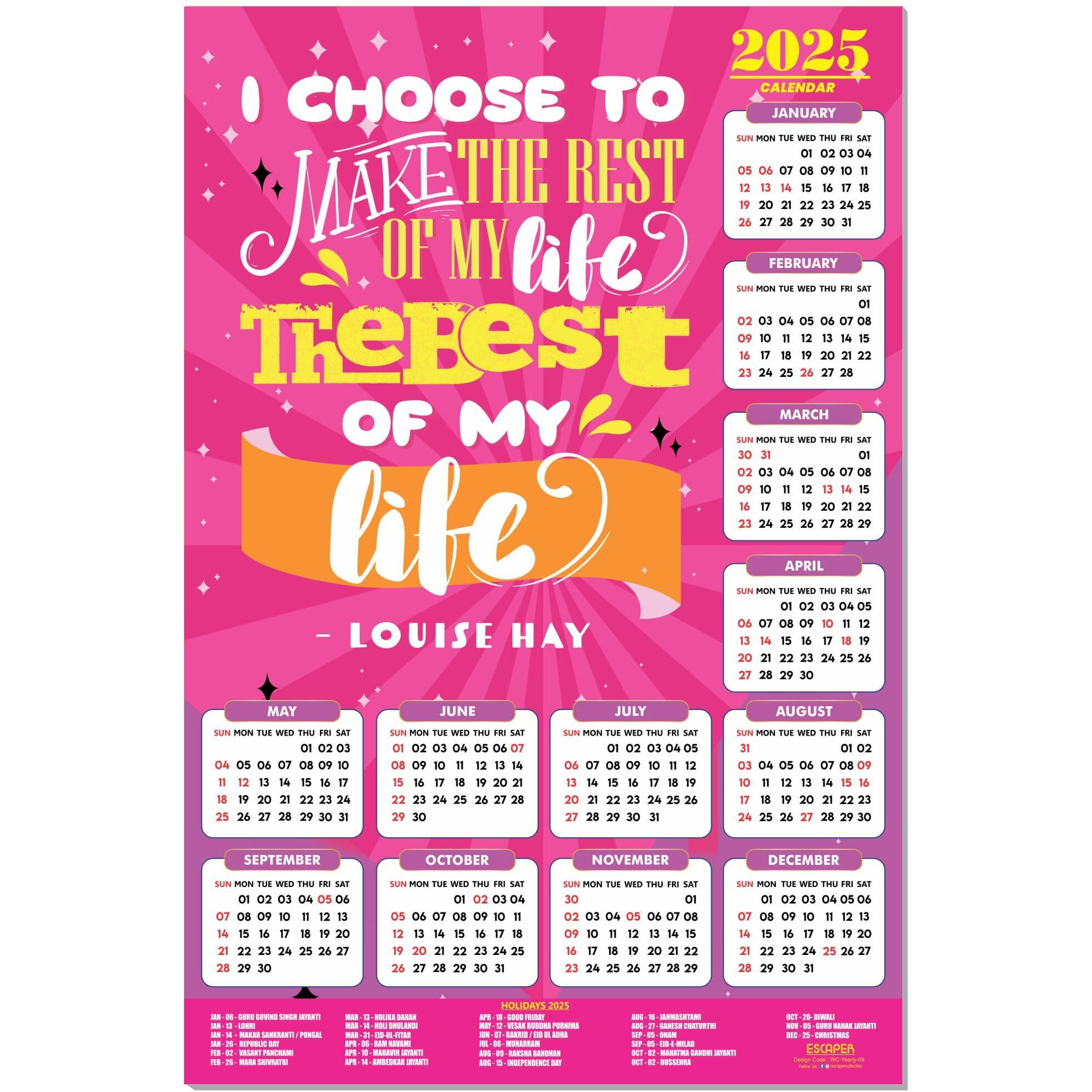 ESCAPER Motivational New Year Wall Calendar 2025 (45x30 cm) (Live - By Louise Hey (WC-09))