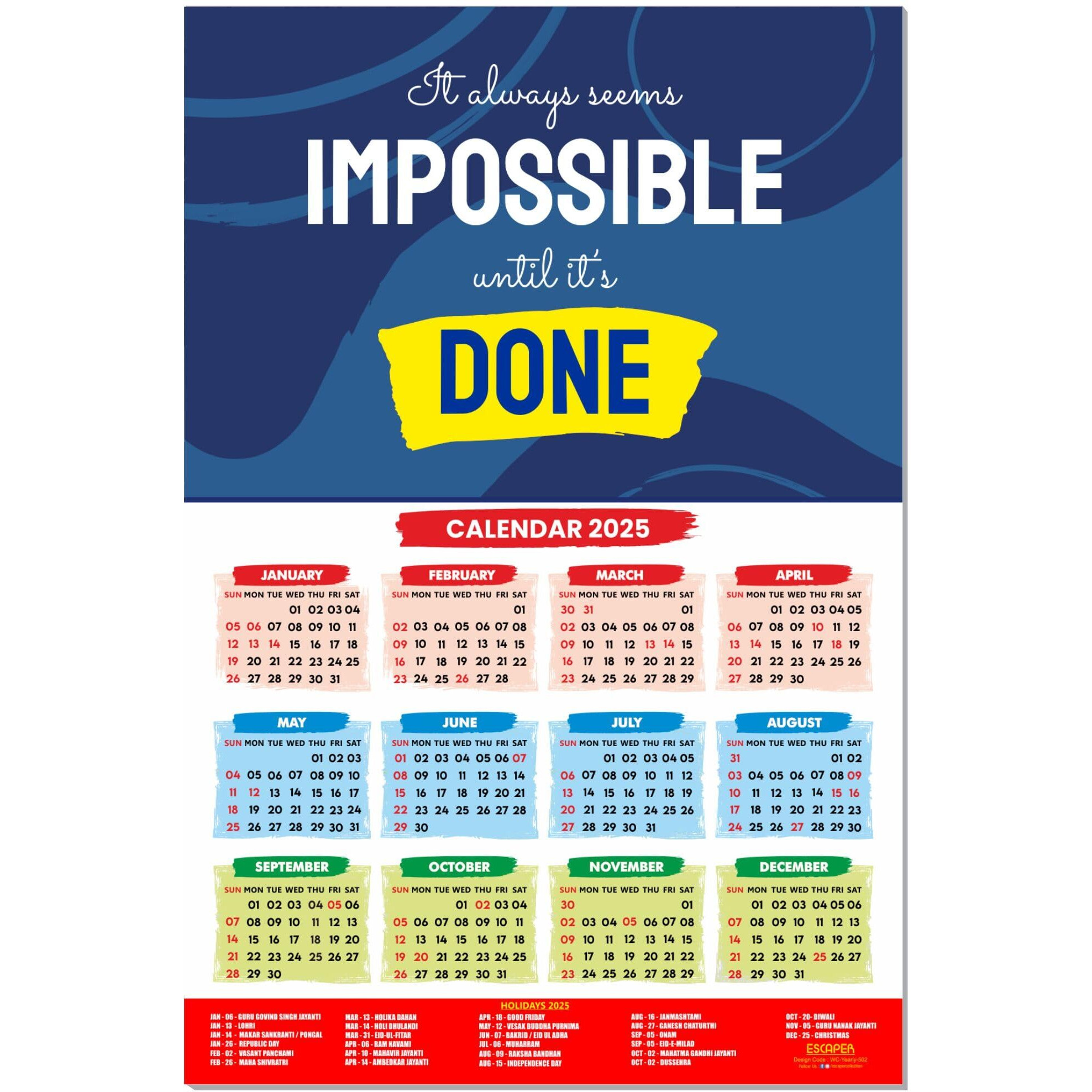 ESCAPER Motivational New Year Wall Calendar 2025 (45x30 cm) (Impossible-Done (WC-502))