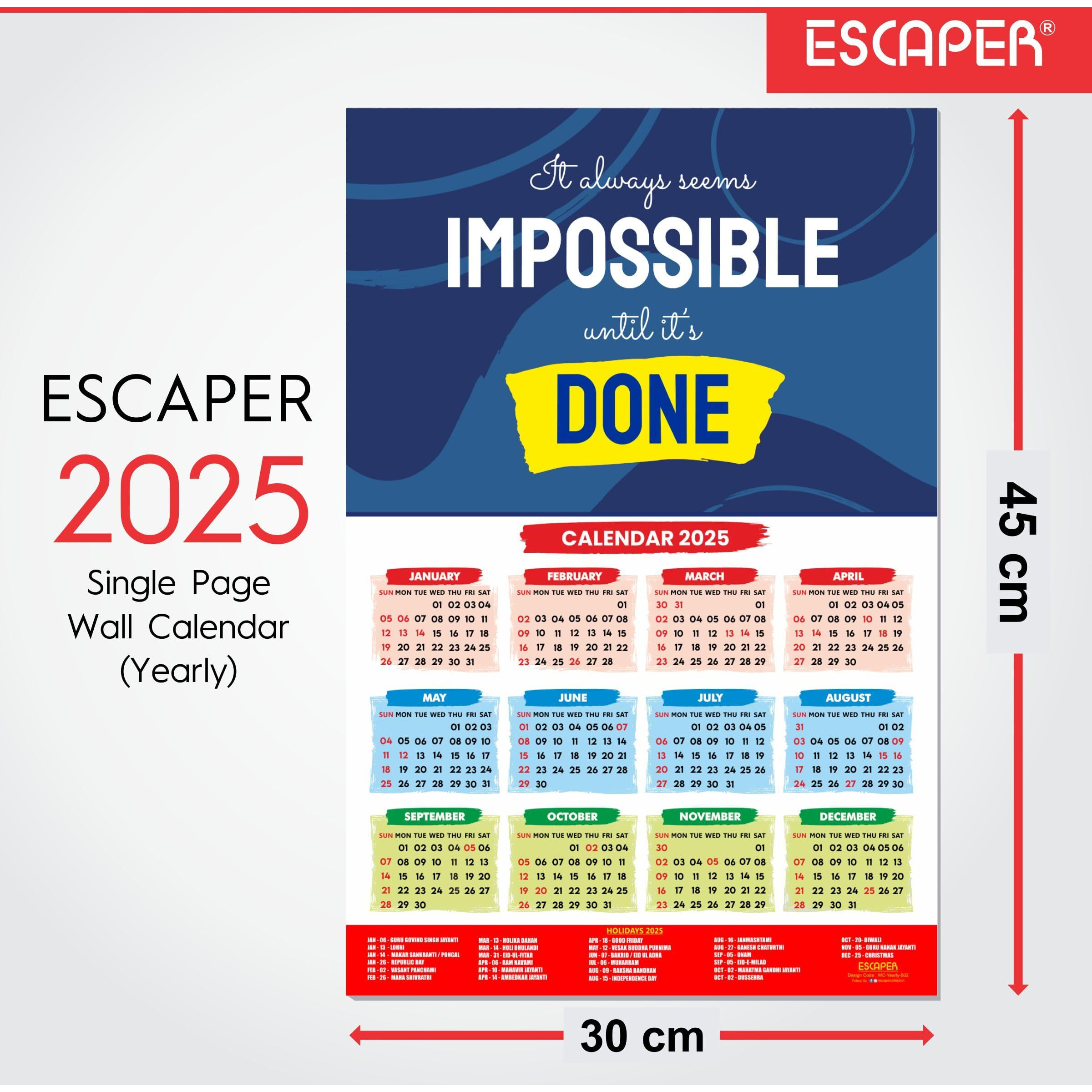 ESCAPER Motivational New Year Wall Calendar 2025 (45x30 cm) (Impossible-Done (WC-502))