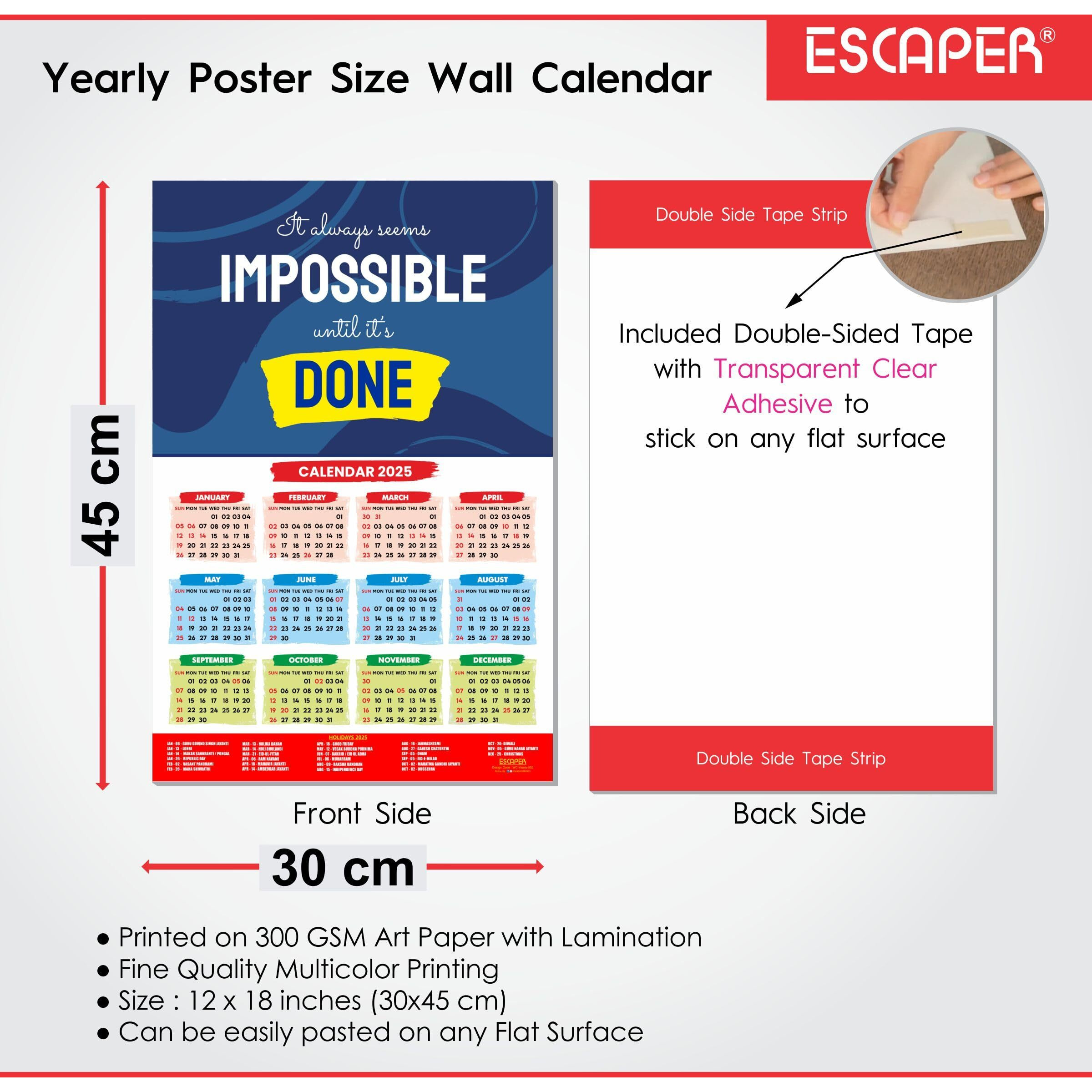ESCAPER Motivational New Year Wall Calendar 2025 (45x30 cm) (Impossible-Done (WC-502))