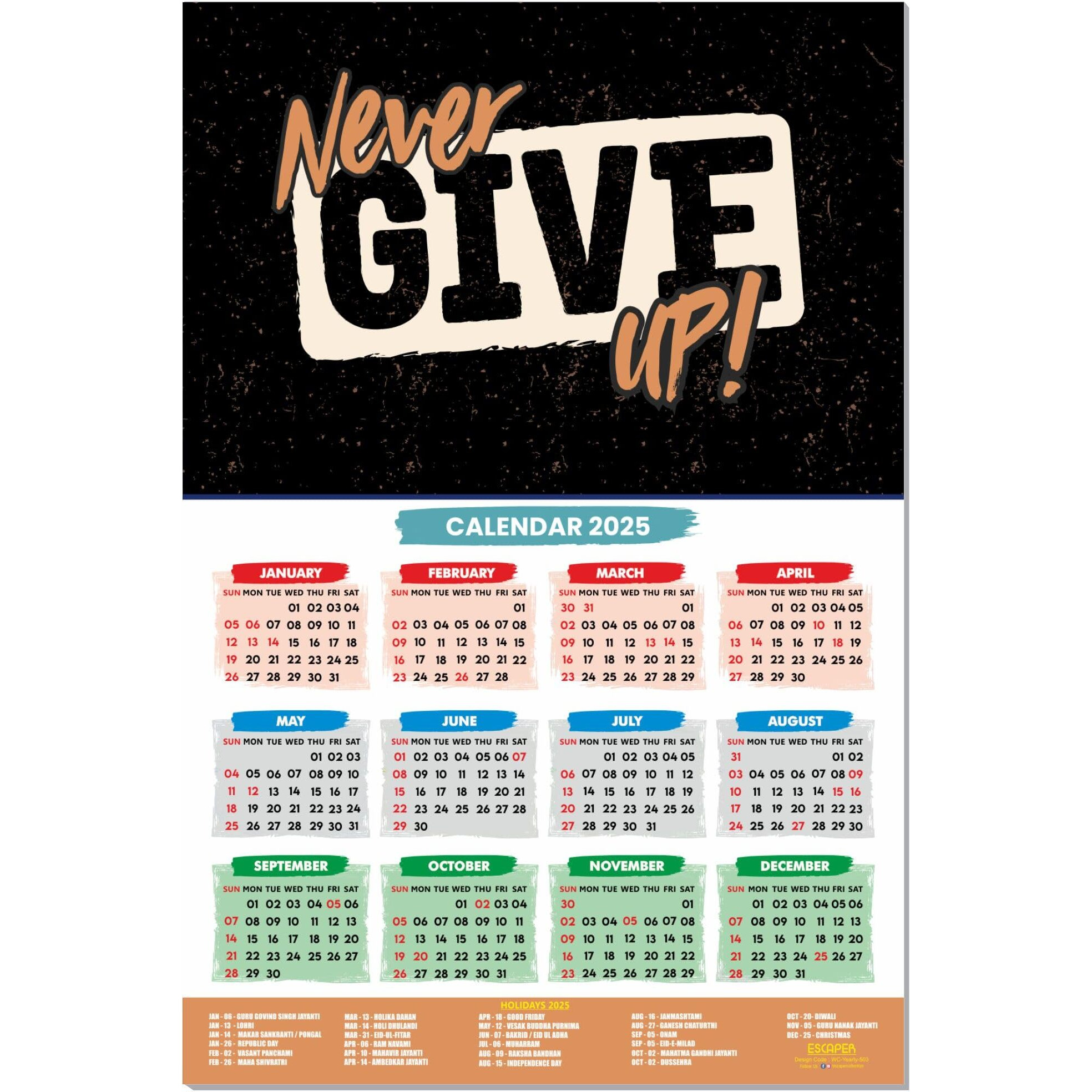 ESCAPER Motivational New Year Wall Calendar 2025 (45x30 cm) (Never Give Up (WC-503))