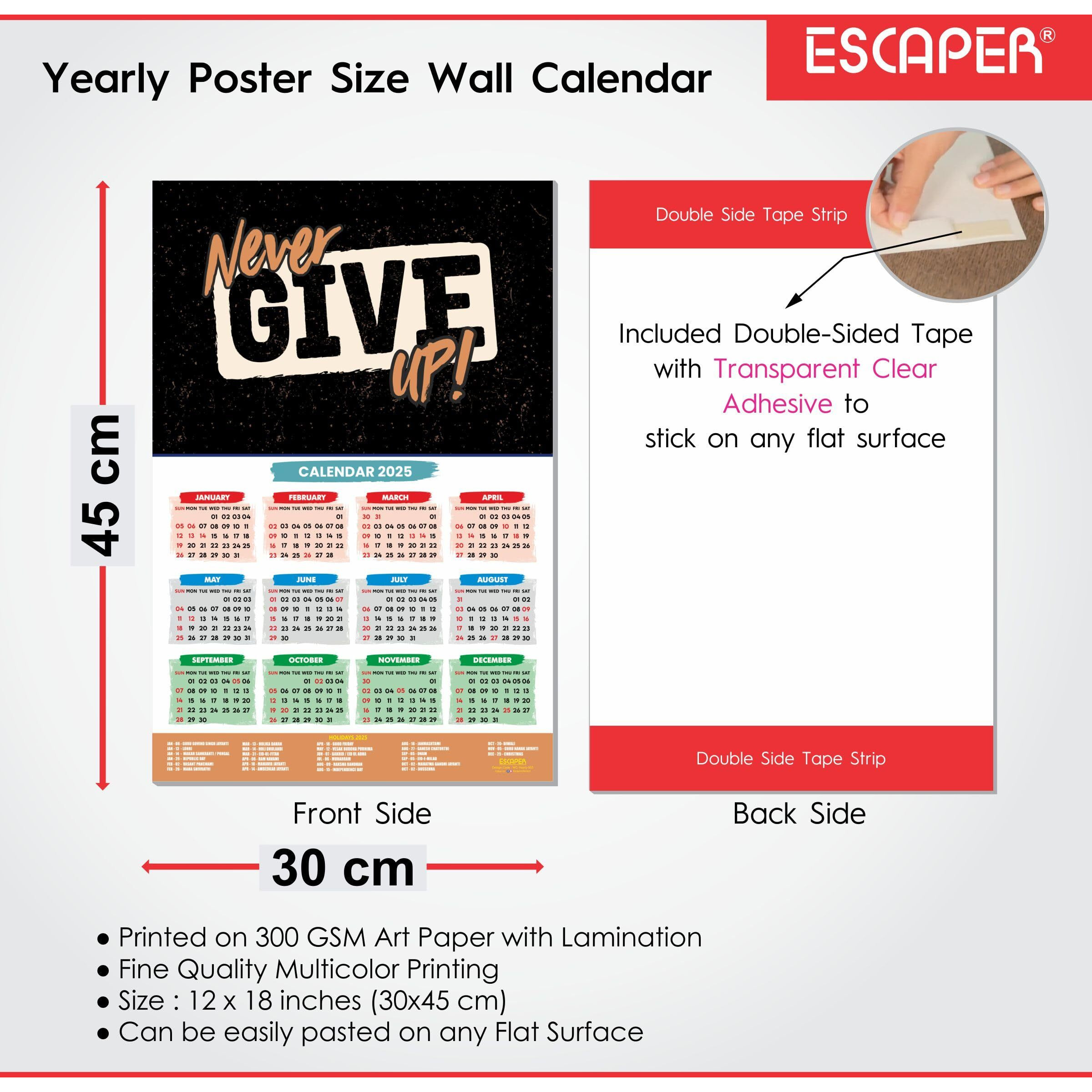ESCAPER Motivational New Year Wall Calendar 2025 (45x30 cm) (Never Give Up (WC-503))