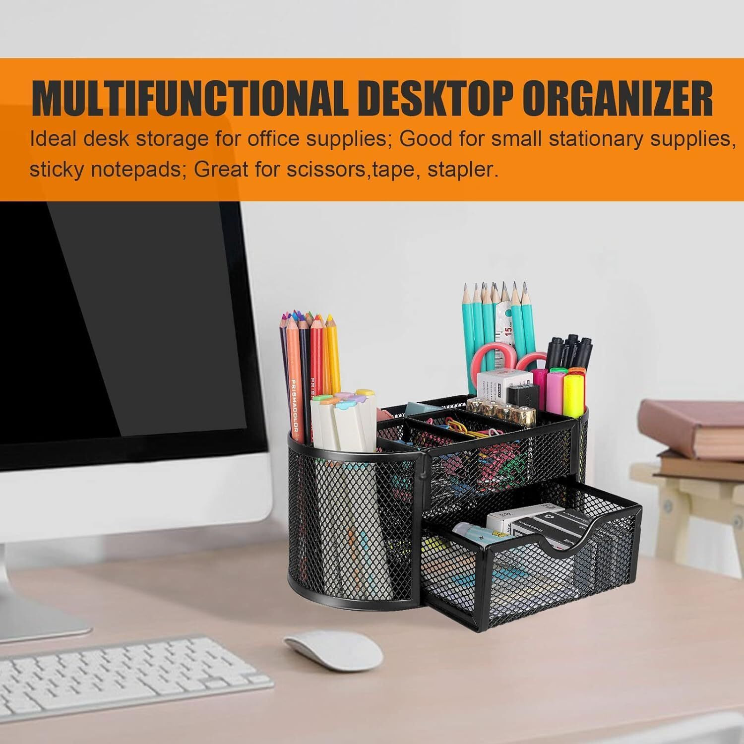 YAJNAS Bileder Metal Stationery Items Organizer for Office and Home Table Top Pen Pencil Holder | Desk Organiser Or Study, Makeup, Remote, Kitchen (9 Compartment)