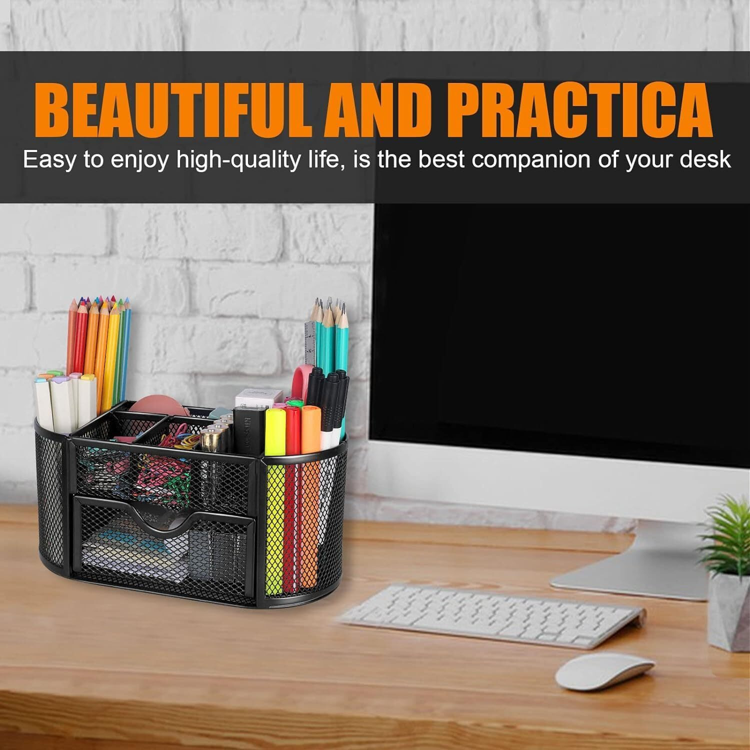 YAJNAS Bileder Metal Stationery Items Organizer for Office and Home Table Top Pen Pencil Holder | Desk Organiser Or Study, Makeup, Remote, Kitchen (9 Compartment)