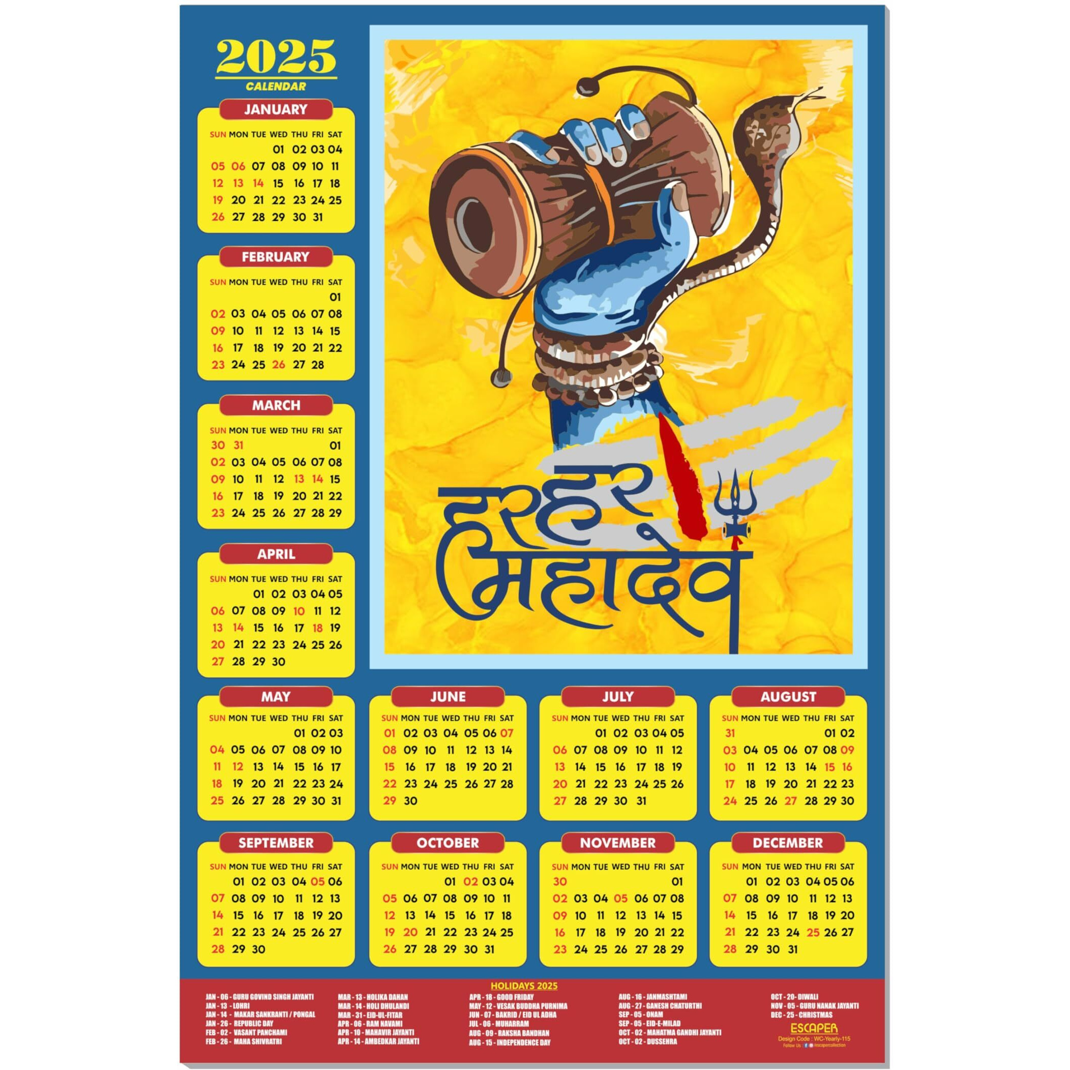 ESCAPER Lord Shiva Wall Calendar 2025 hanging (45 x 30 cm), Bholenath Wall Calendar 2025, Shivling Wall Calendar 2025, Shanker Ji Photo, Mahadev Wall Calendar 2025, Shivji Calendar, Lord Shiva Wall Decor
