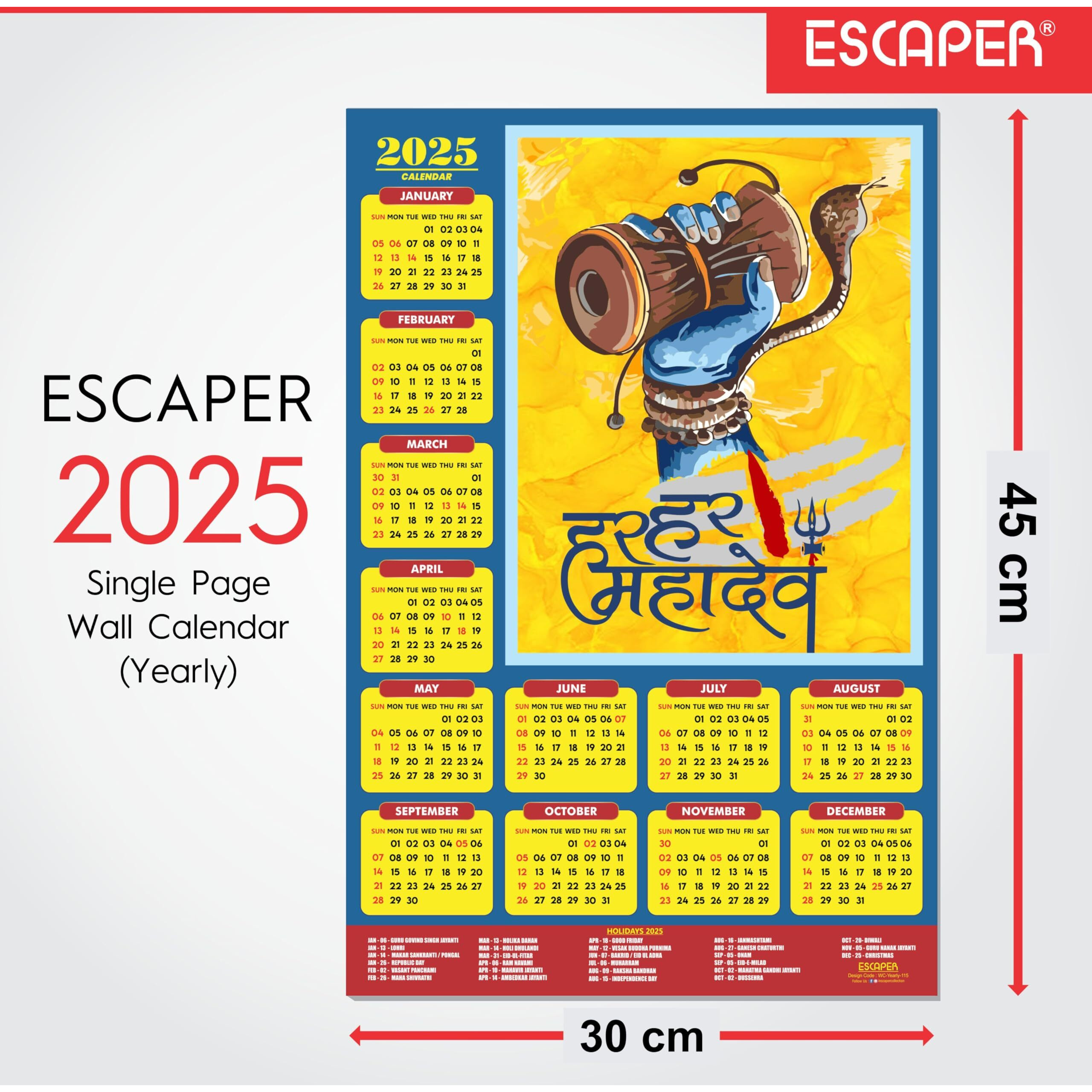 ESCAPER Lord Shiva Wall Calendar 2025 hanging (45 x 30 cm), Bholenath Wall Calendar 2025, Shivling Wall Calendar 2025, Shanker Ji Photo, Mahadev Wall Calendar 2025, Shivji Calendar, Lord Shiva Wall Decor